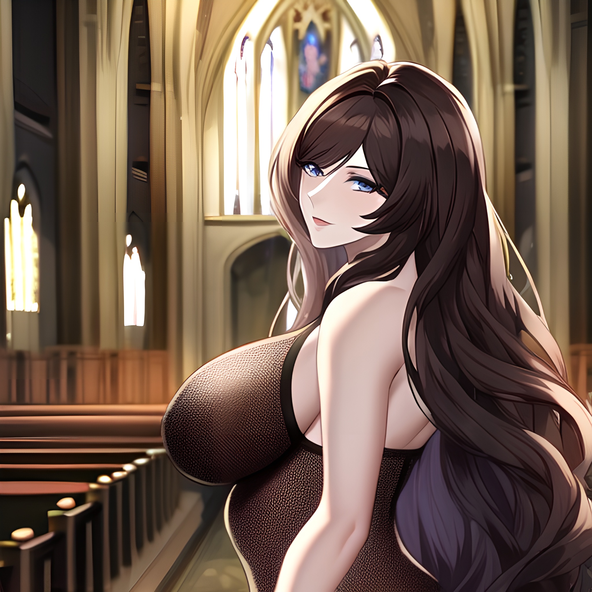church woman messy hair brunette long hair fishnet 