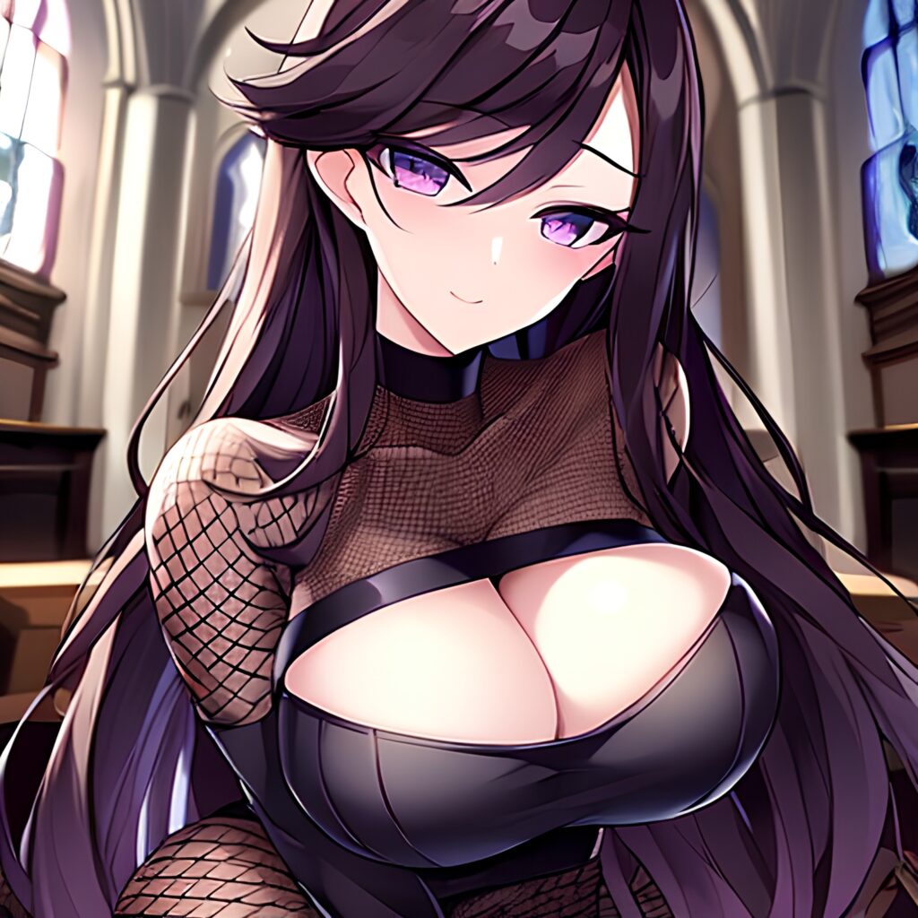 church woman messy hair brunette long hair fishnet 