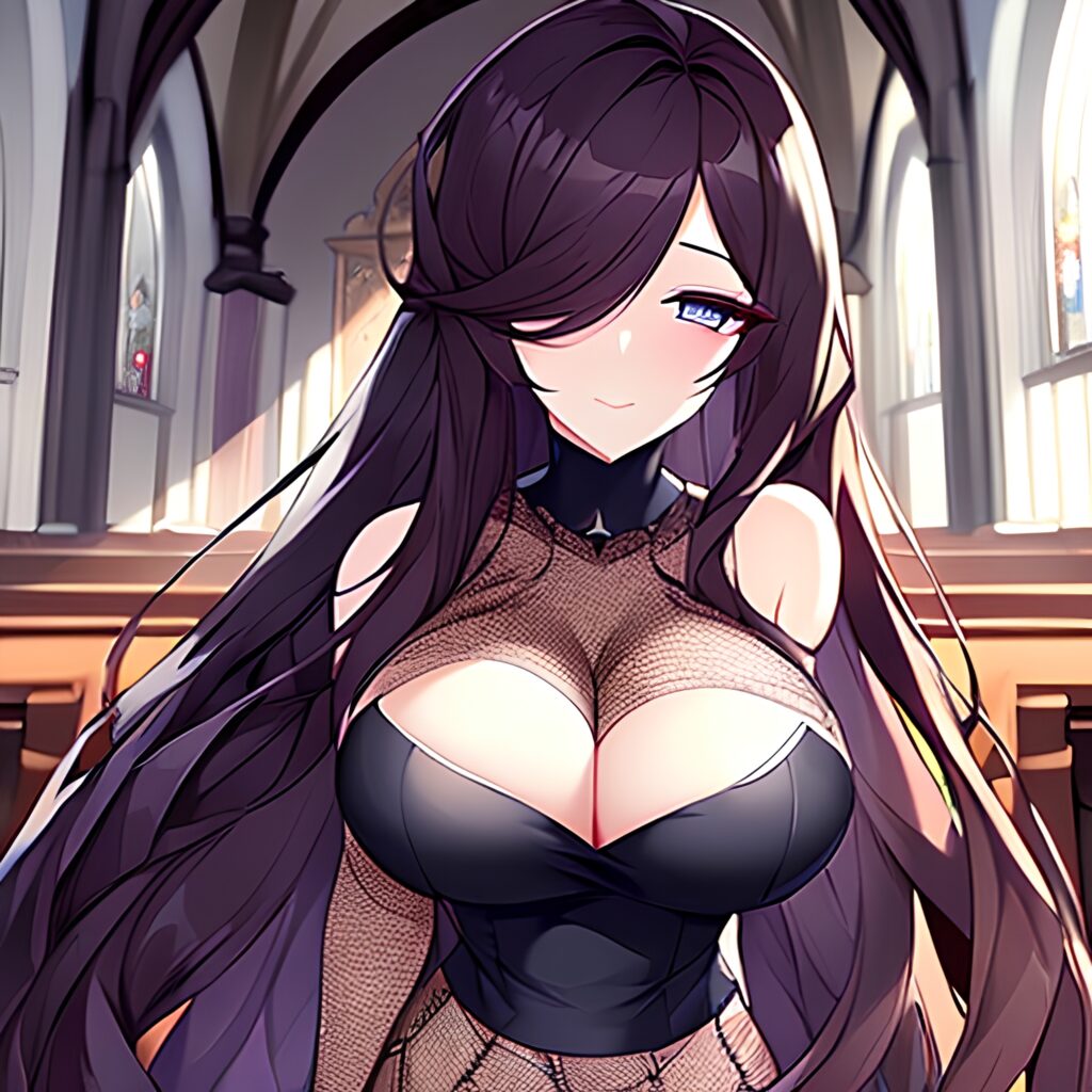 church woman messy hair brunette long hair fishnet 