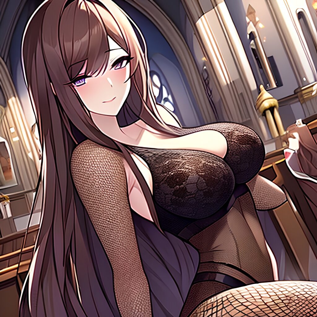 church woman messy hair brunette long hair fishnet 