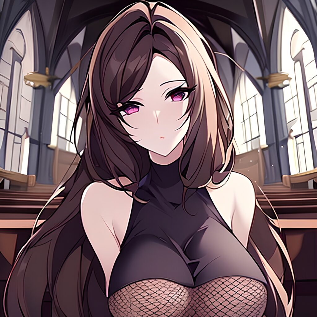 church woman messy hair fishnet brunette long hair 