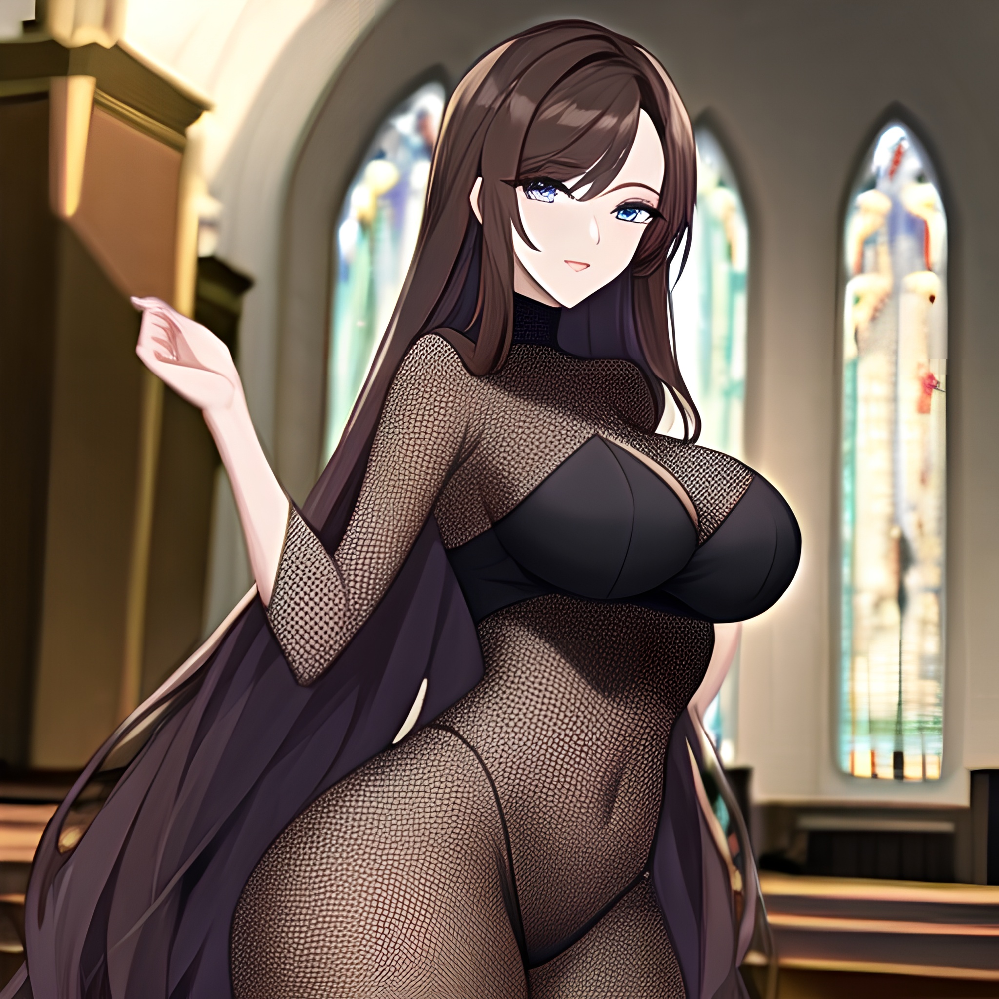 church woman messy hair fishnet brunette long hair 