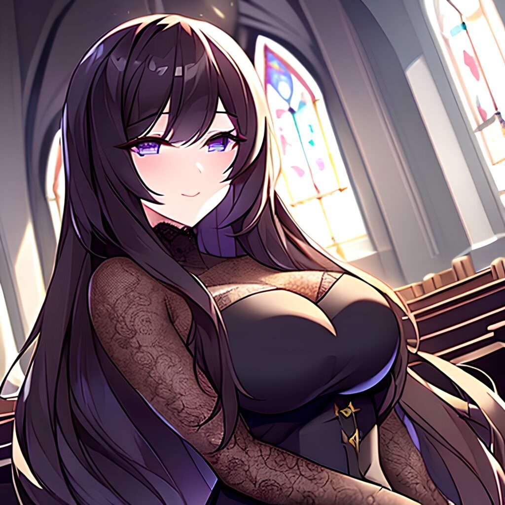 church woman messy hair fishnet brunette long hair 