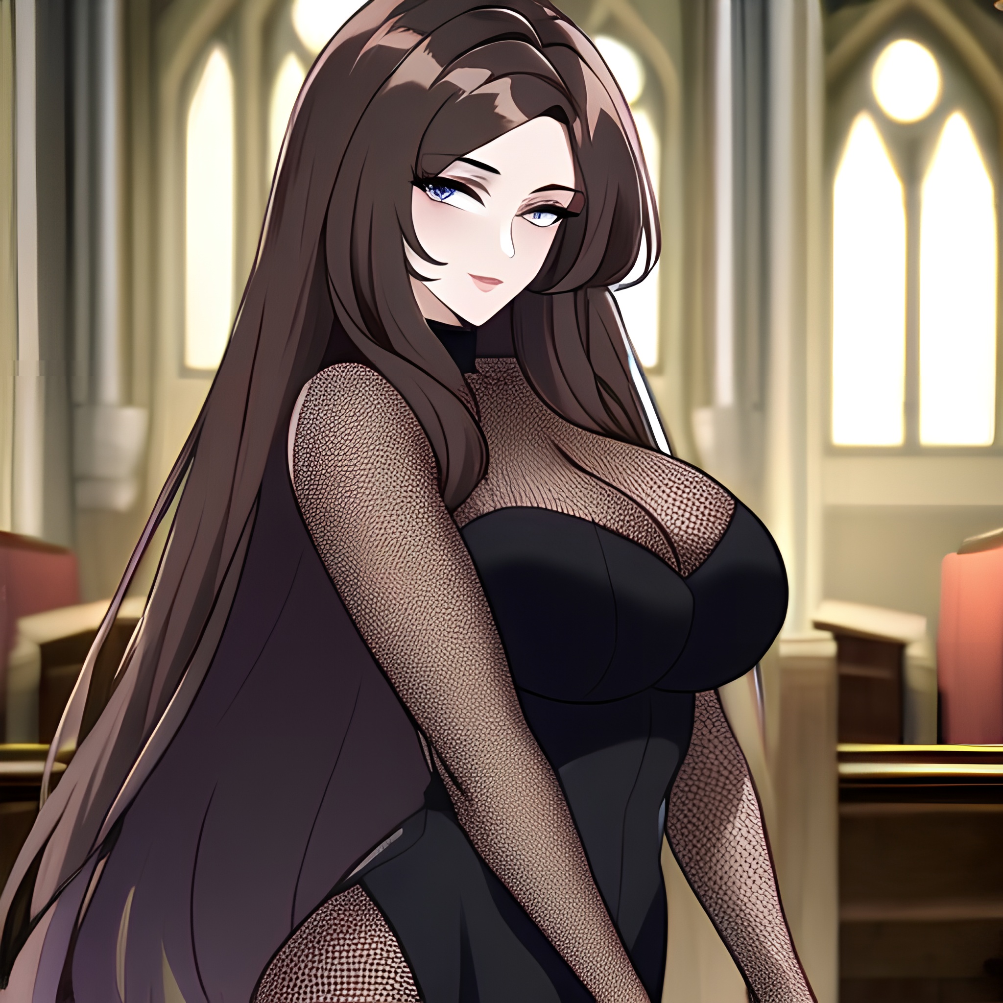 church woman messy hair fishnet brunette long hair 