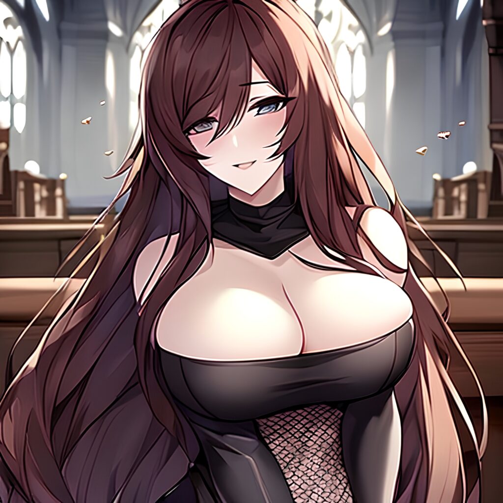 church woman messy hair fishnet long hair brunette 