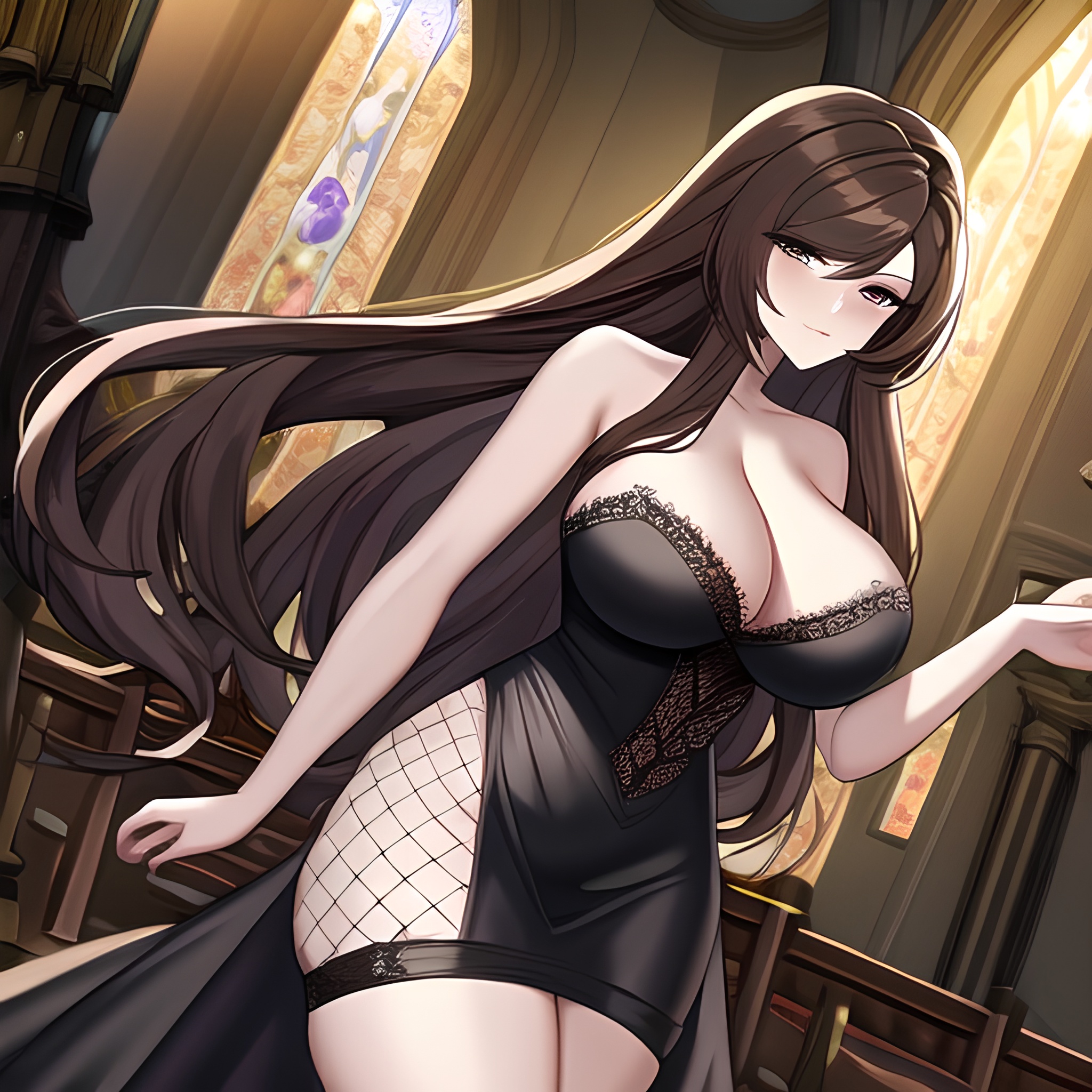 church woman messy hair fishnet long hair brunette 