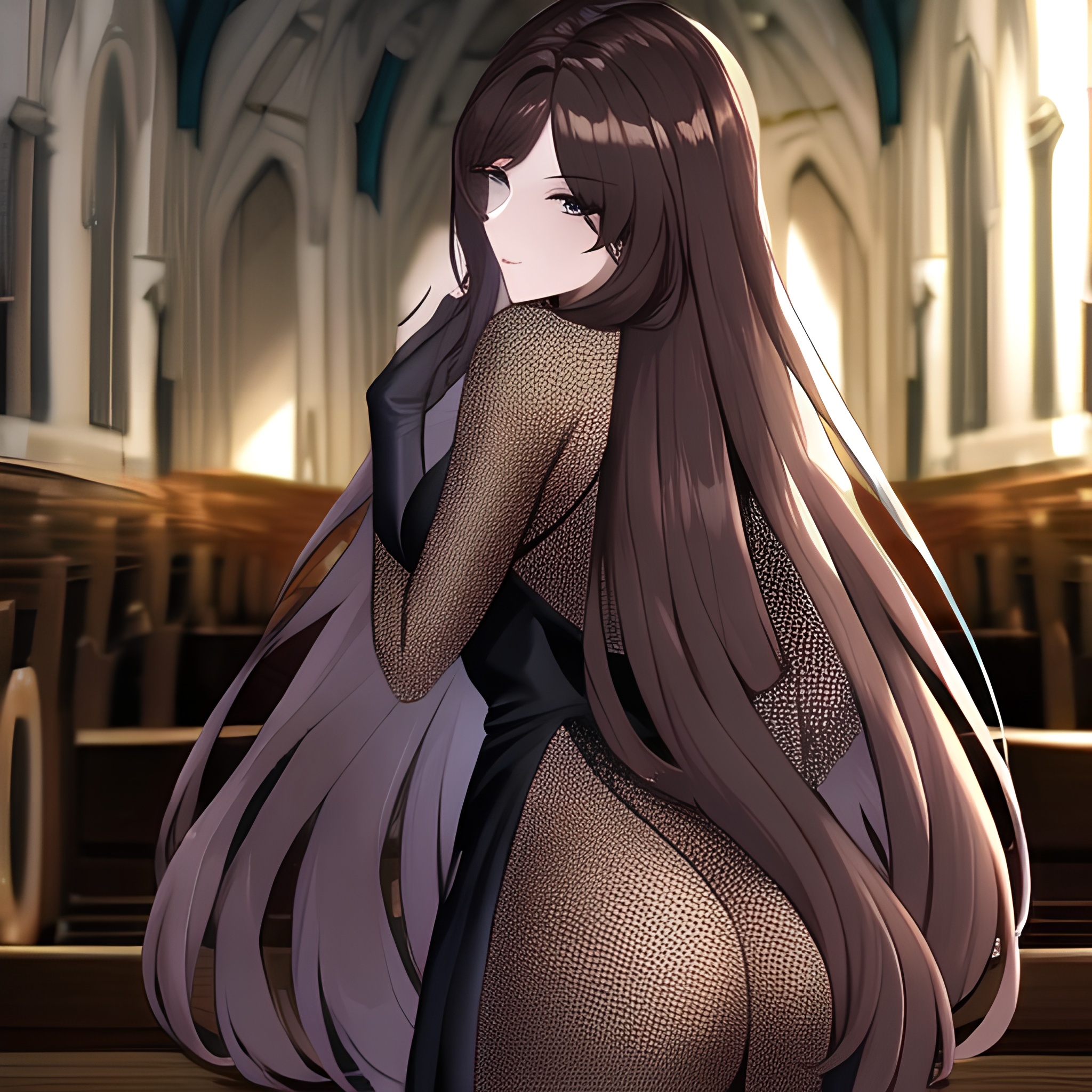 church woman messy hair fishnet long hair brunette 