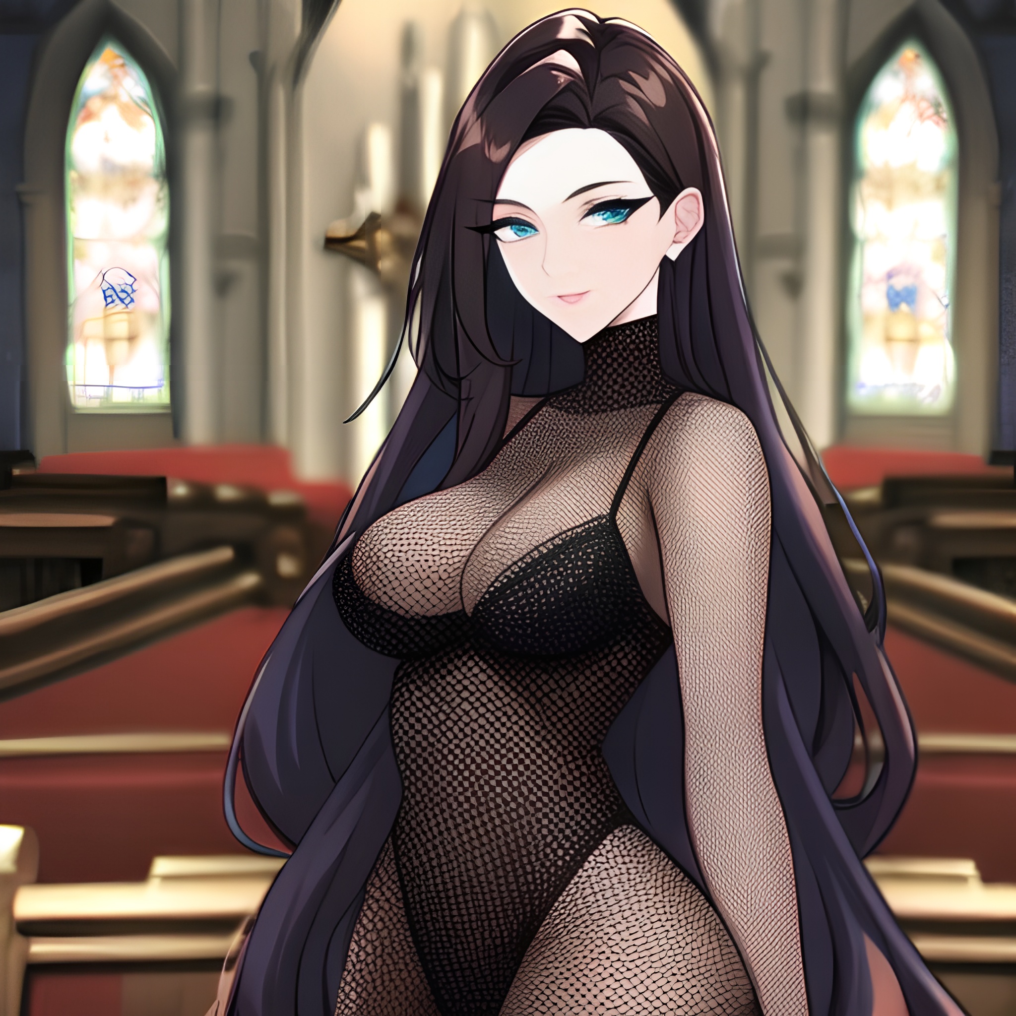 church woman messy hair fishnet long hair brunette 