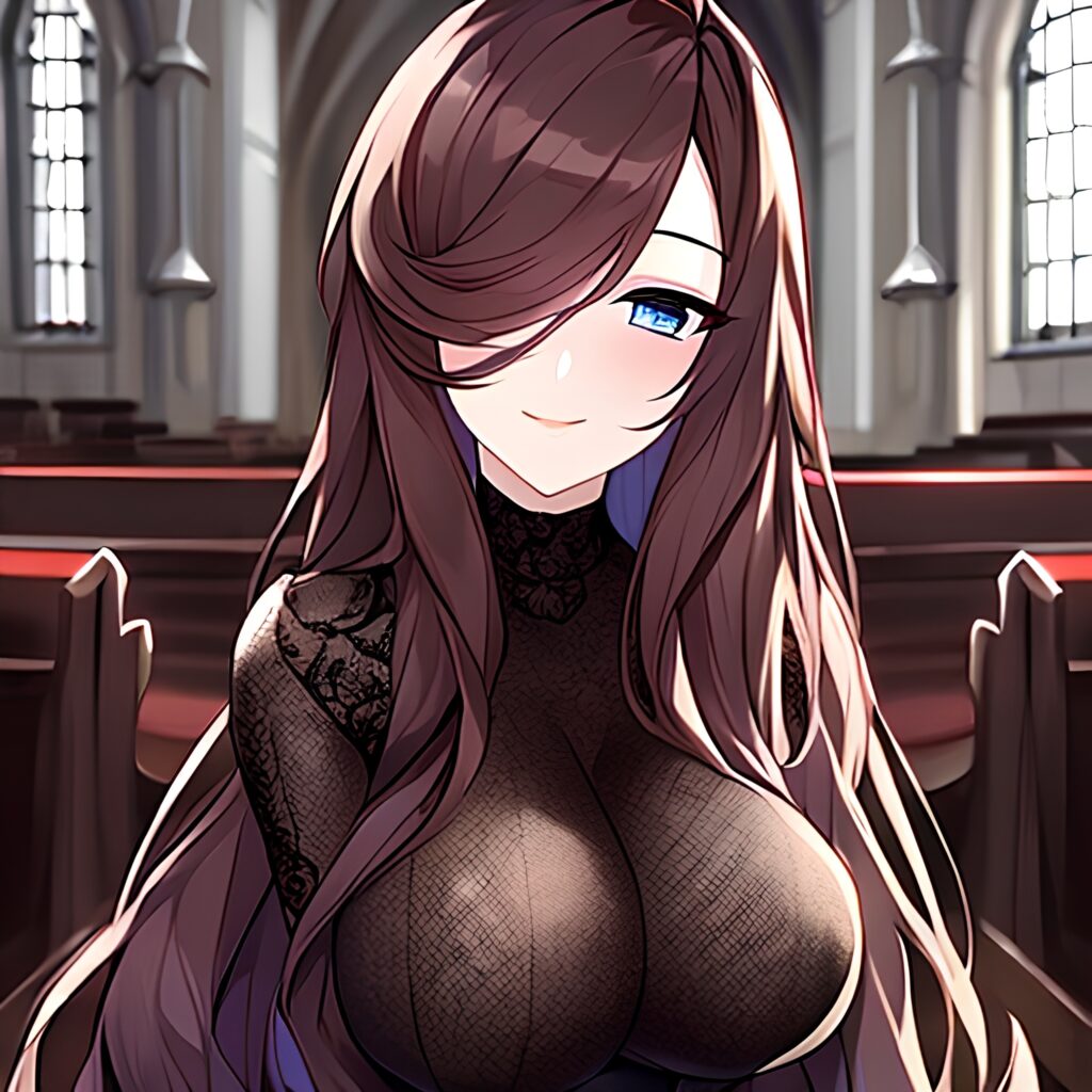 church woman messy hair fishnet long hair brunette 