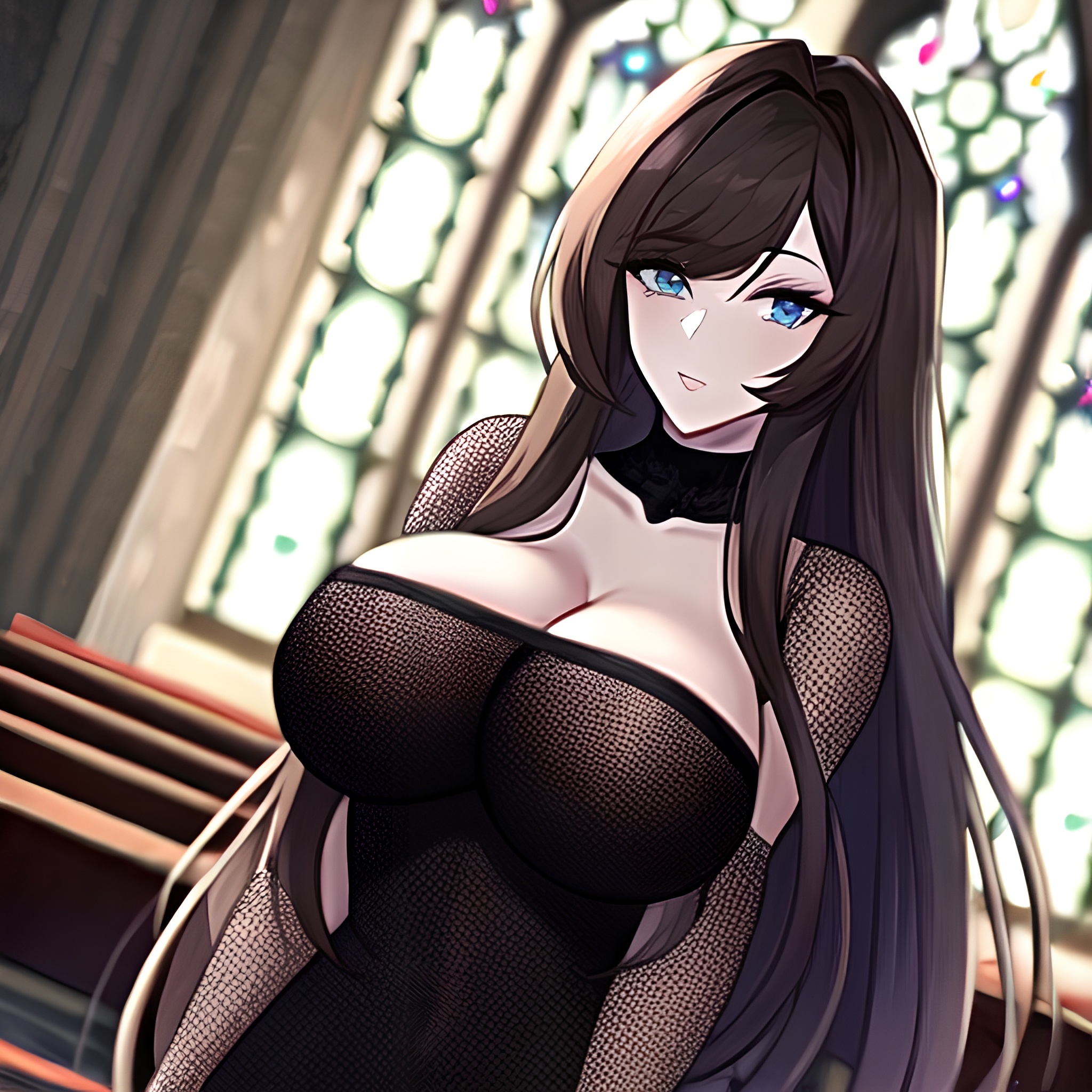 church woman messy hair fishnet long hair brunette 