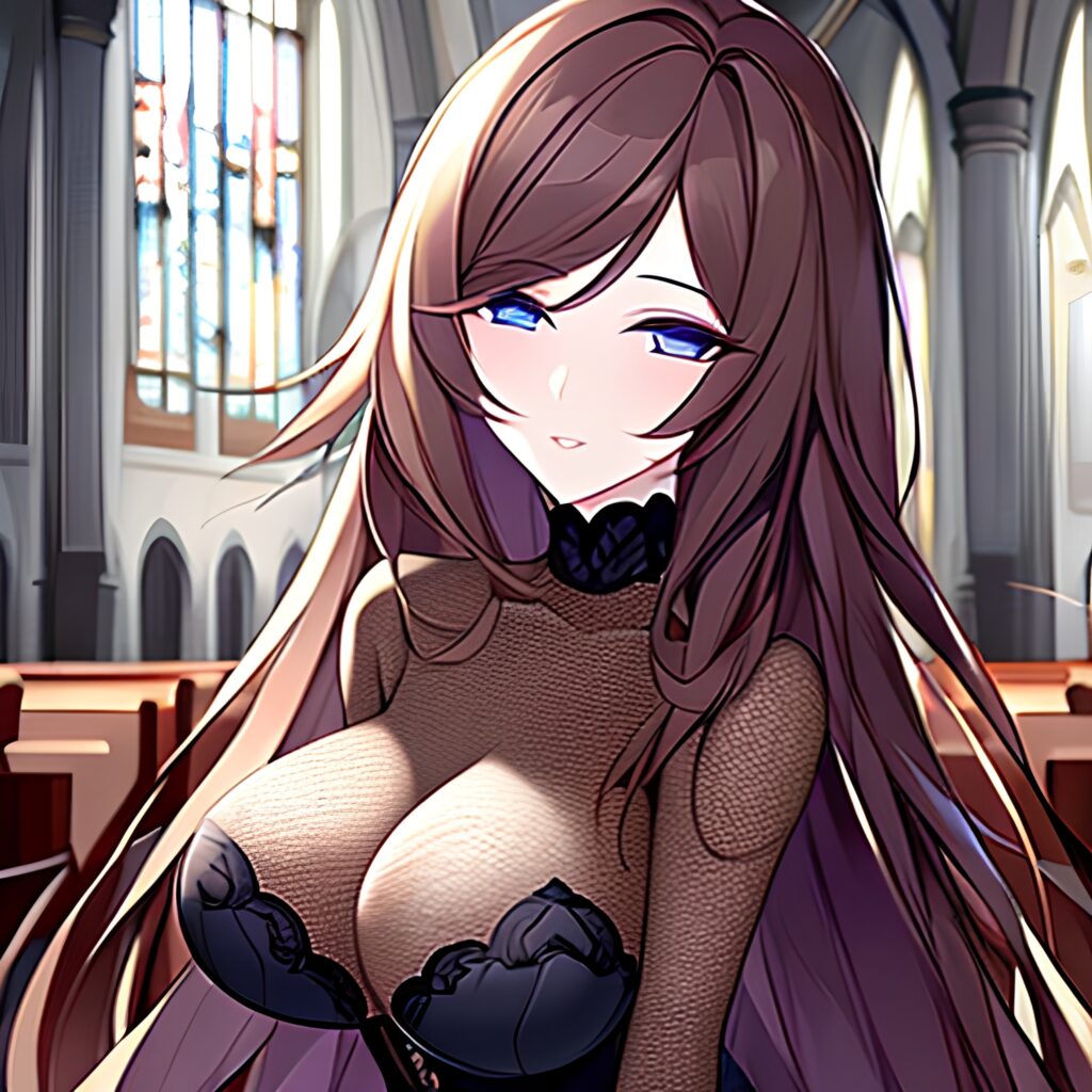 church woman messy hair fishnet long hair brunette 