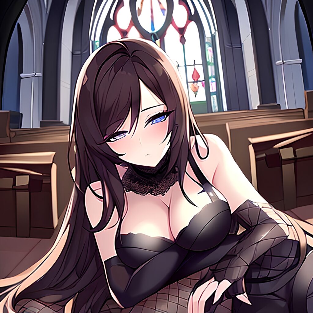 church woman messy hair long hair brunette fishnet 