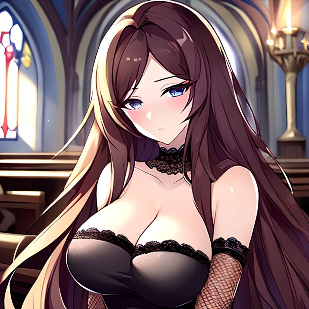 church woman messy hair long hair brunette fishnet 