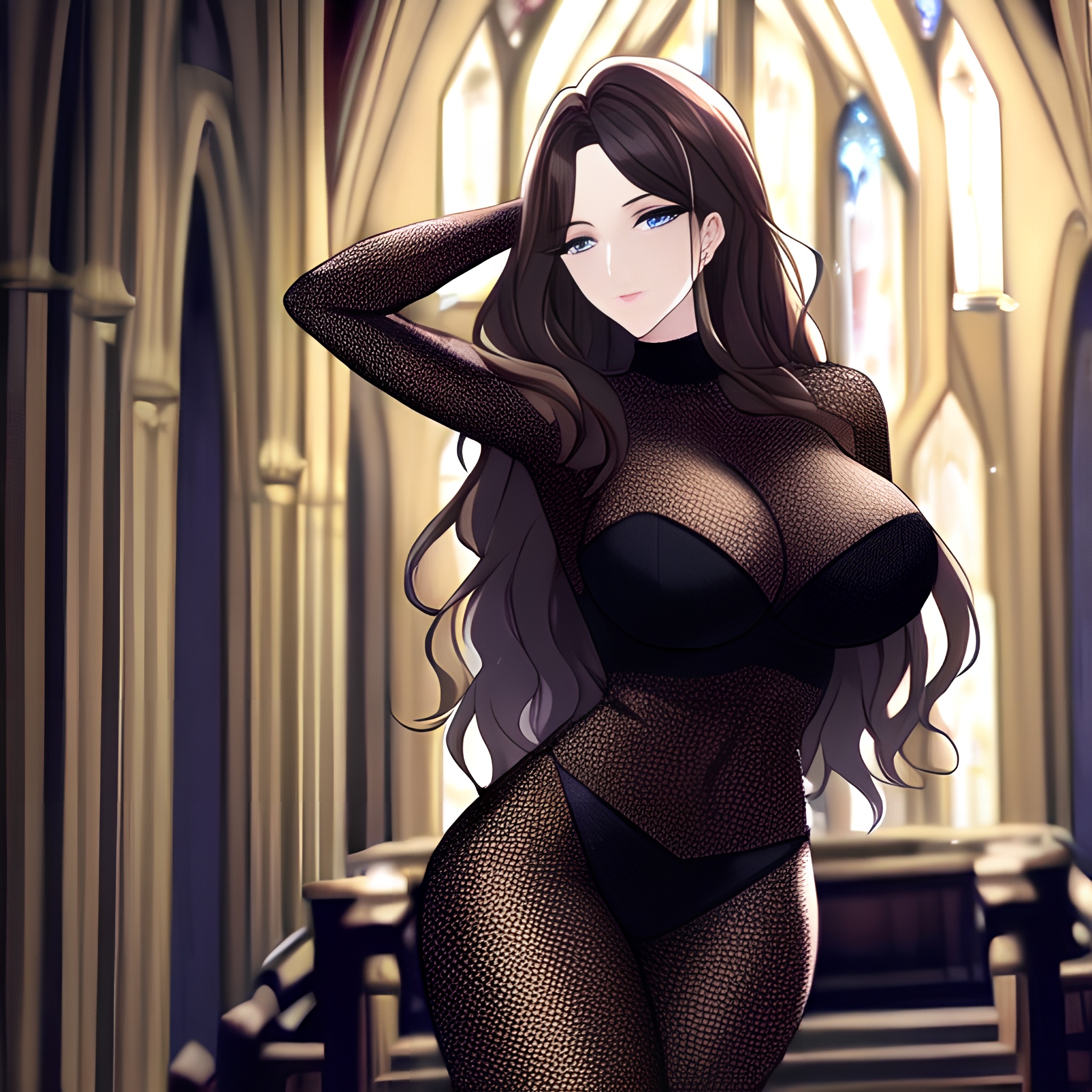 church woman messy hair long hair brunette fishnet 