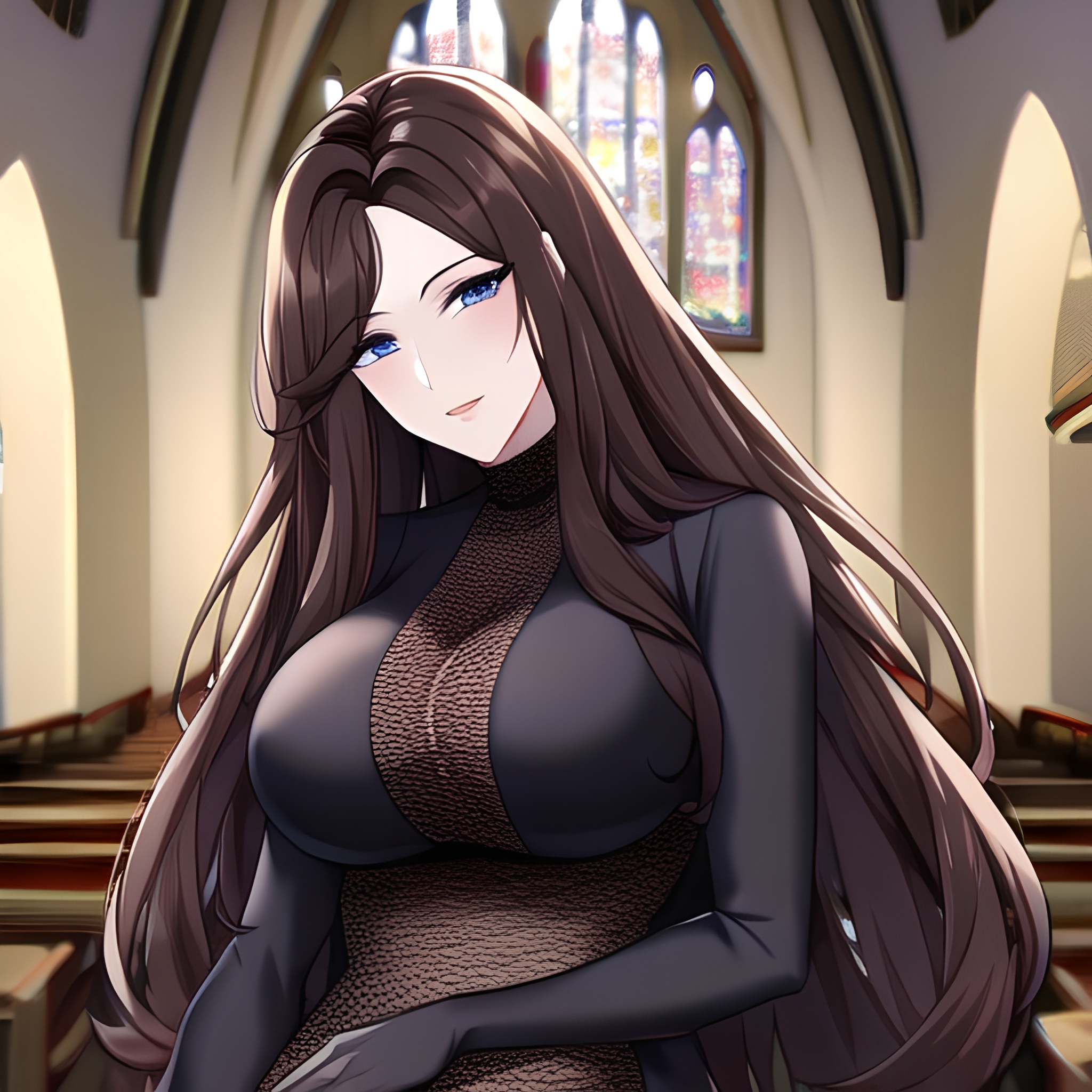 church woman messy hair long hair brunette fishnet