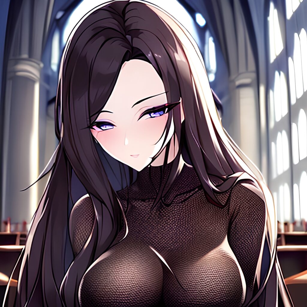 church woman messy hair long hair fishnet brunette