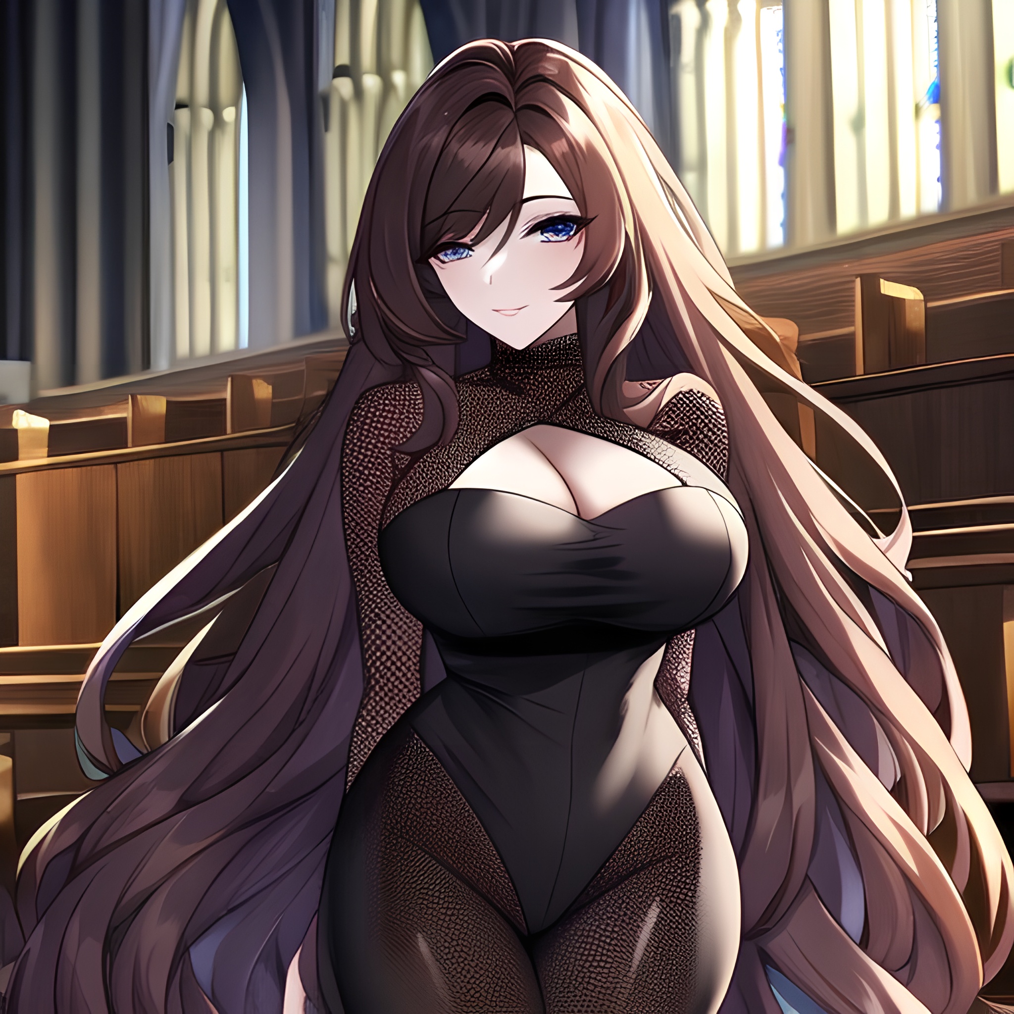 church woman messy hair long hair fishnet brunette 
