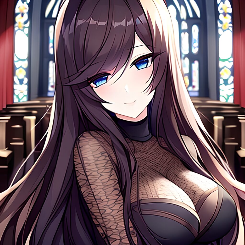 church woman messy hair long hair fishnet brunette 