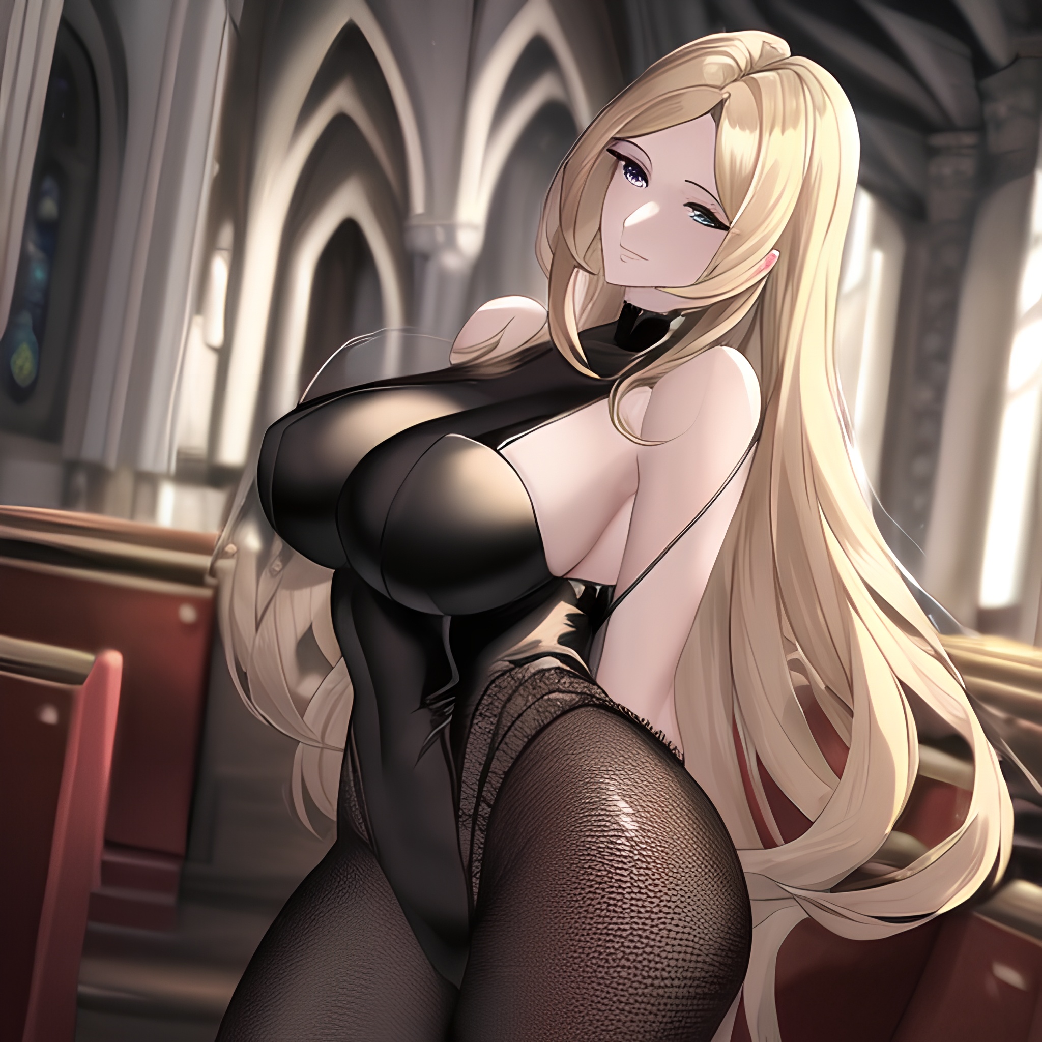 church woman nude blonde fishnet small boobs front view long hair