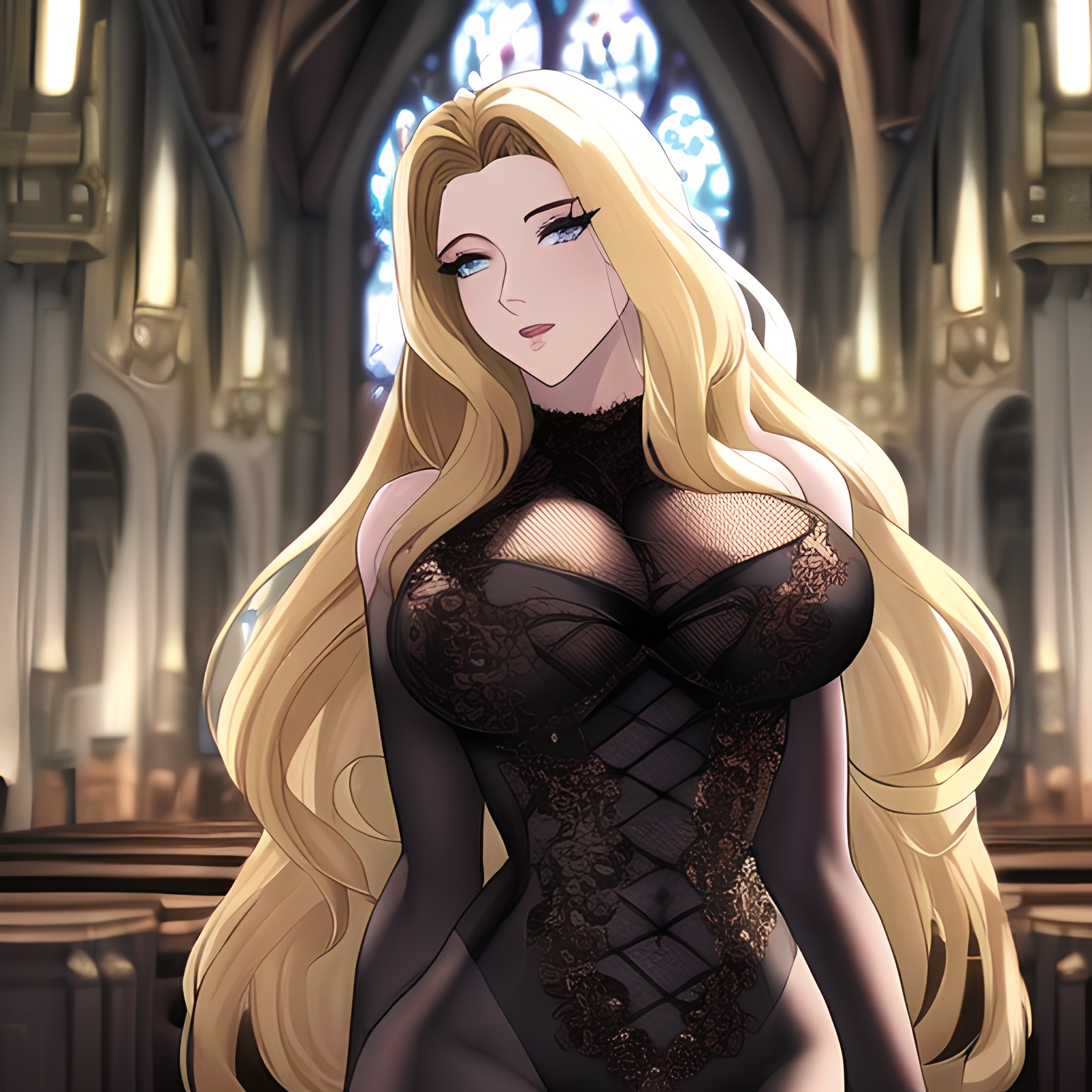 church woman nude blonde long hair front view fishnet small boobs 