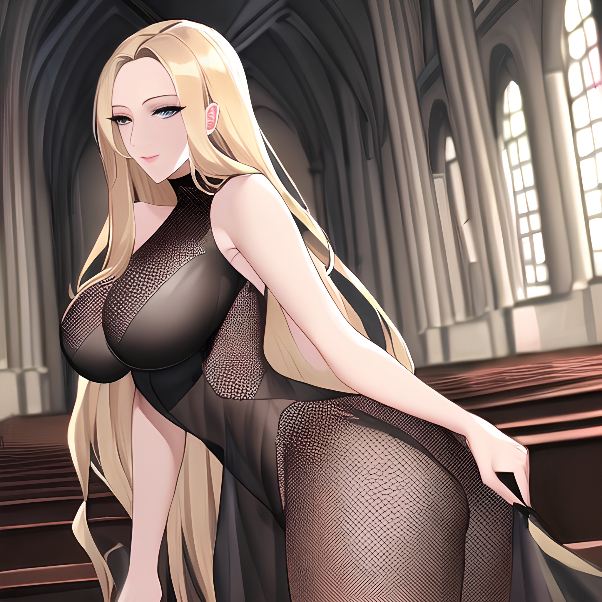 church woman nude long hair small boobs blonde fishnet front view 