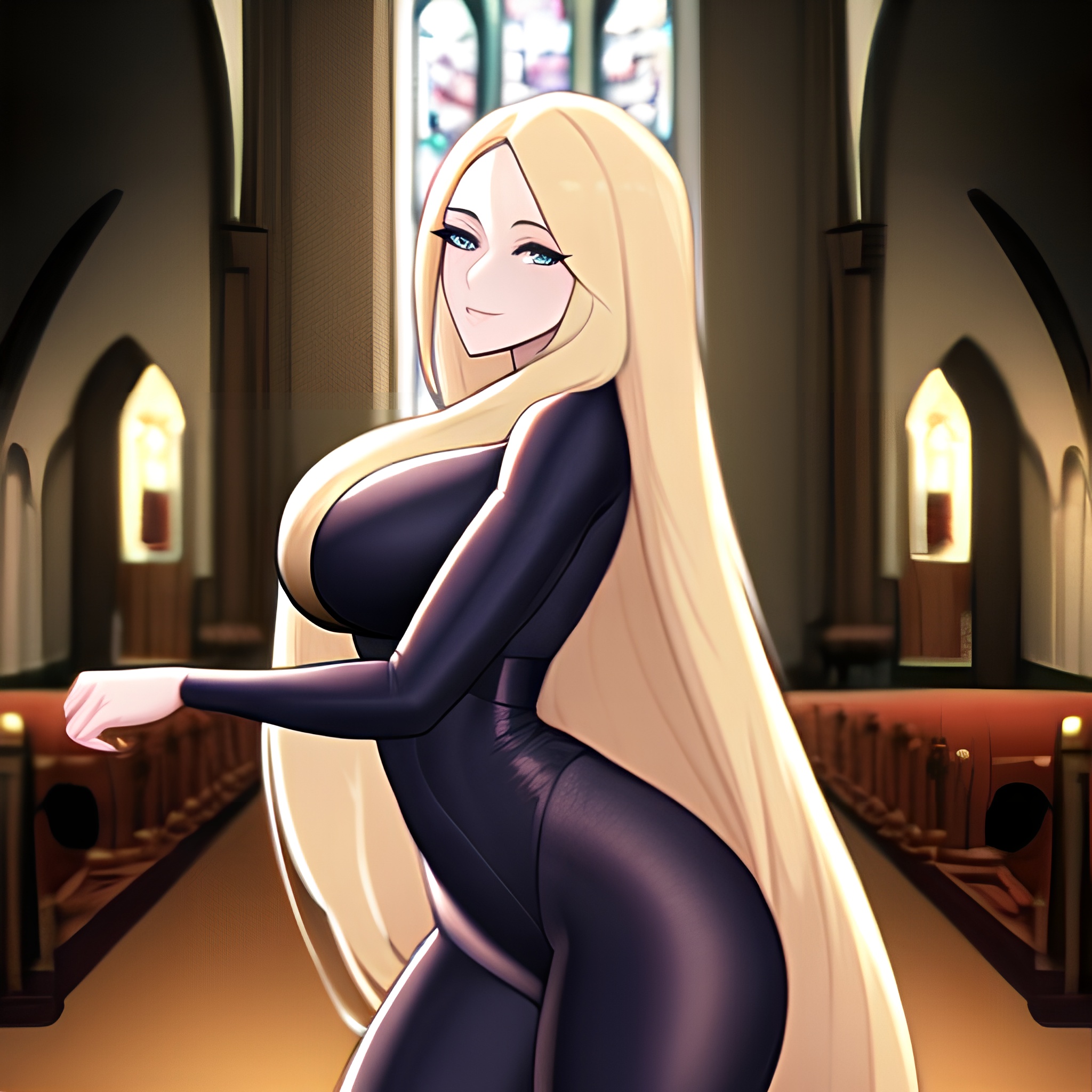 fishnet blonde church long hair woman 