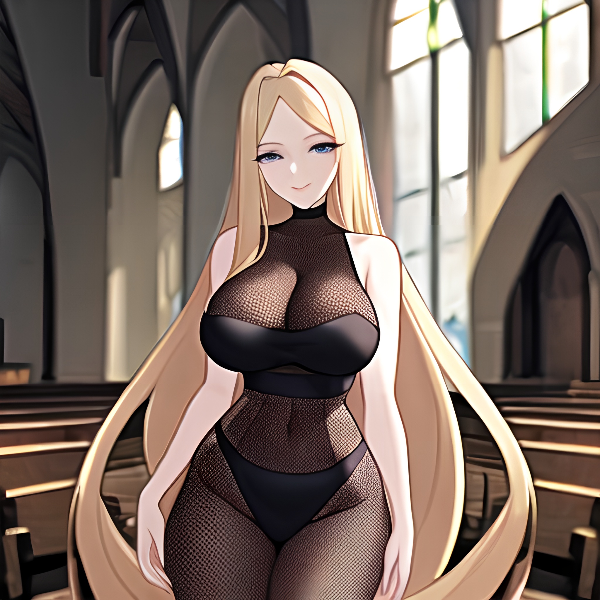 fishnet blonde church long hair woman 