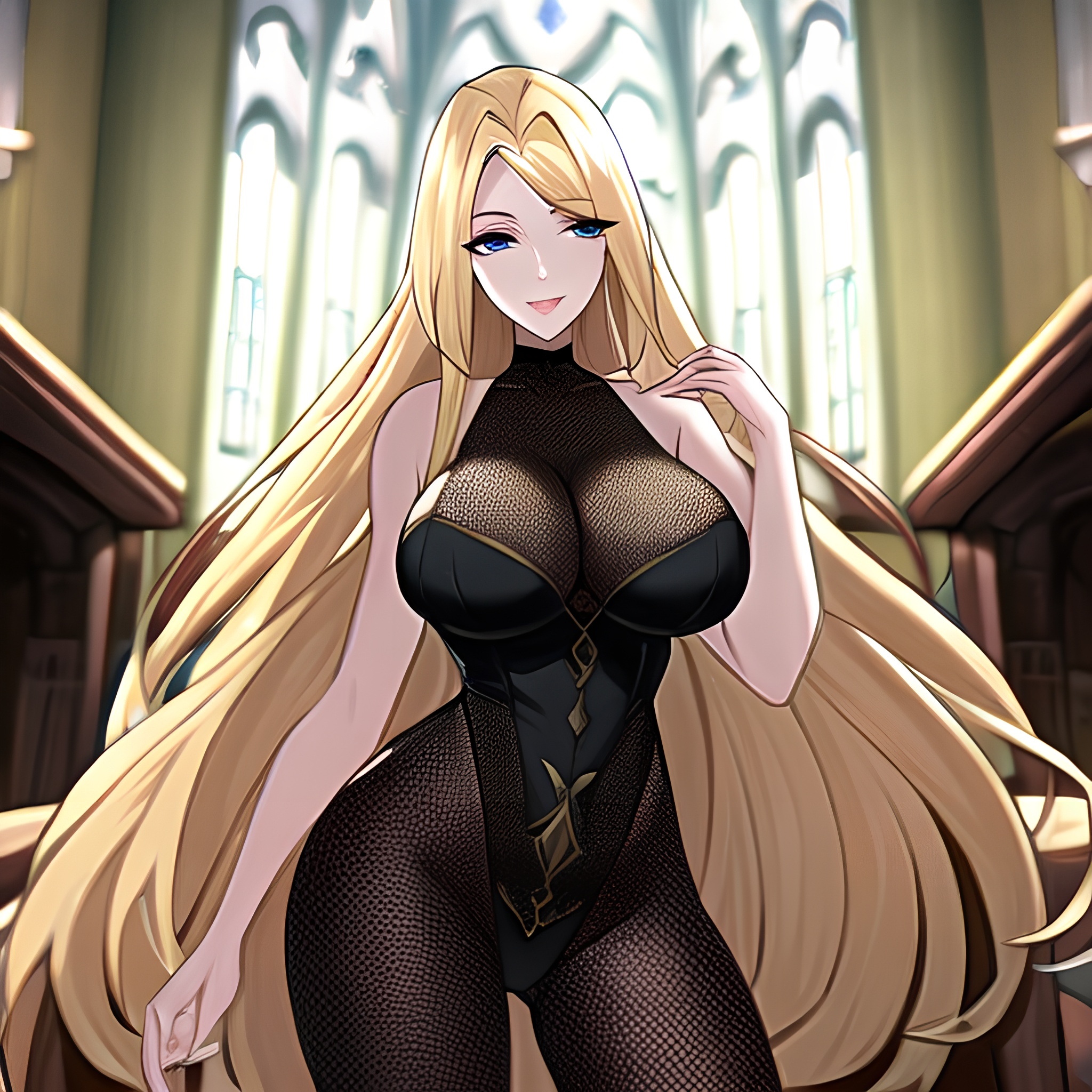fishnet blonde church long hair woman 