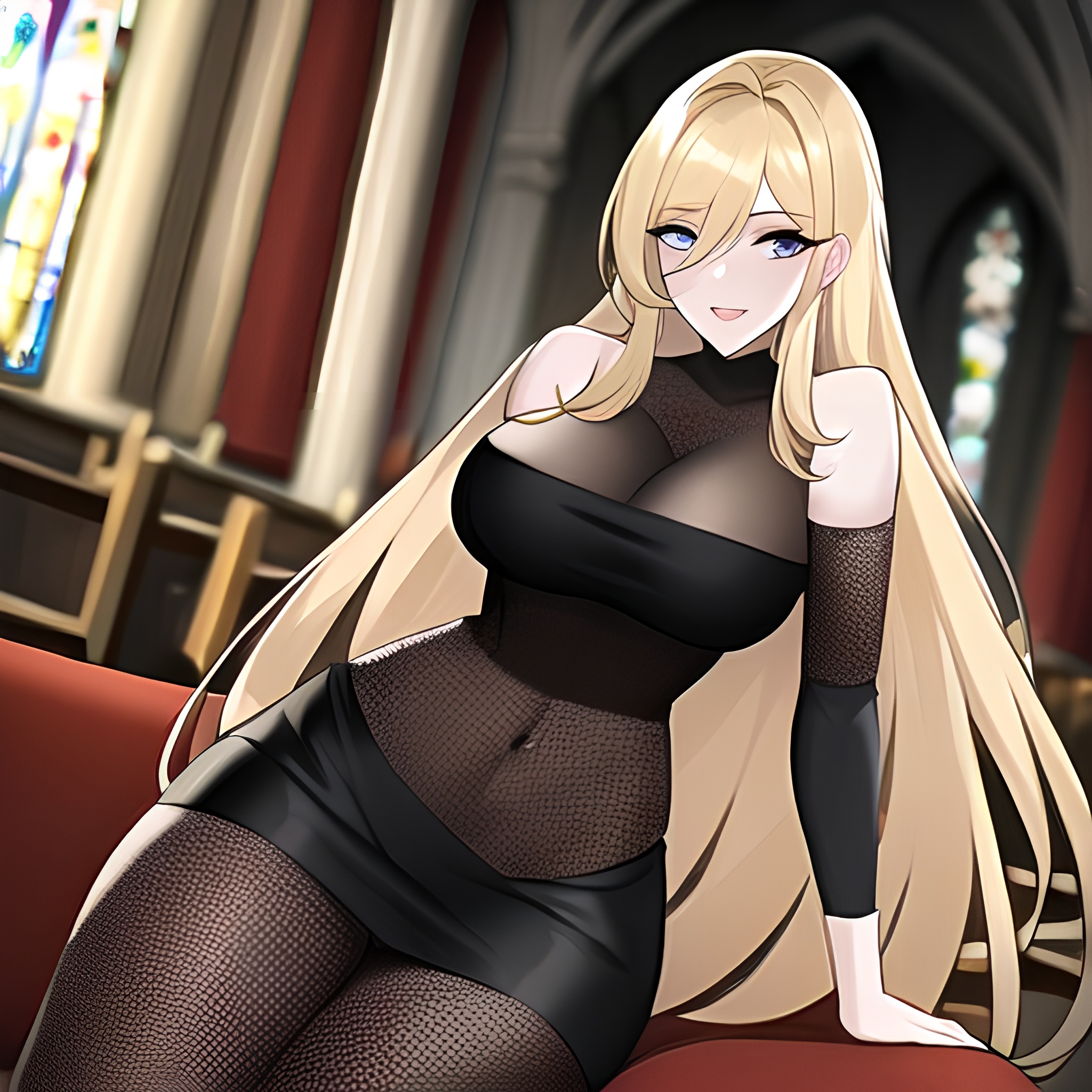 fishnet blonde church long hair woman 