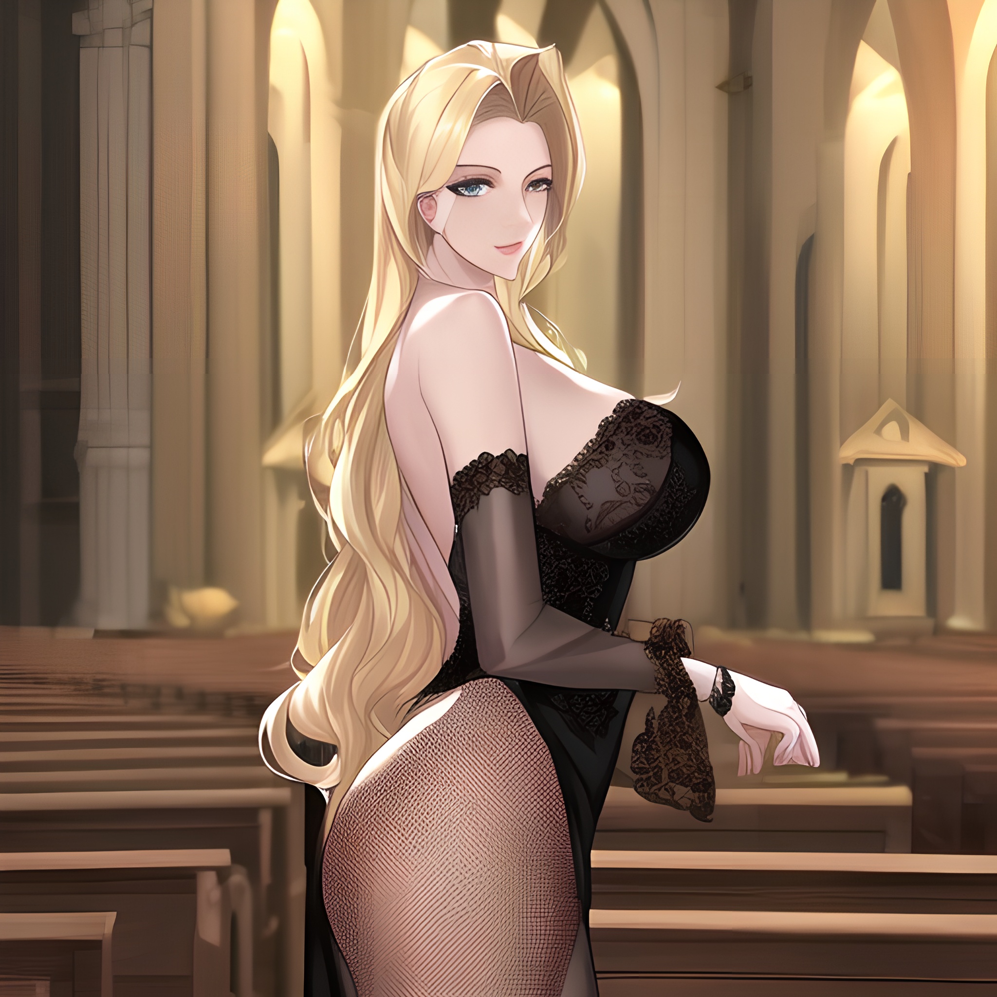 fishnet blonde church small boobs woman front view long hair nude 