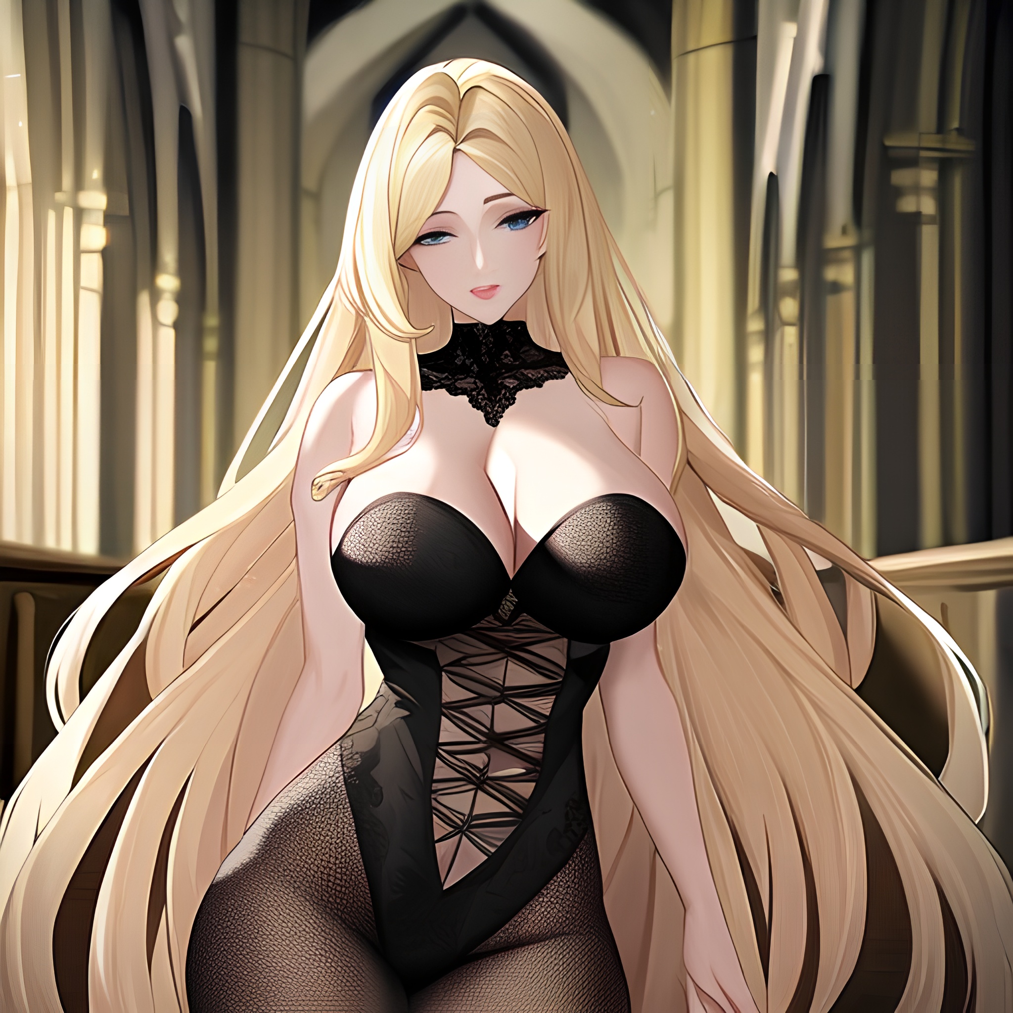 fishnet blonde church woman long hair 