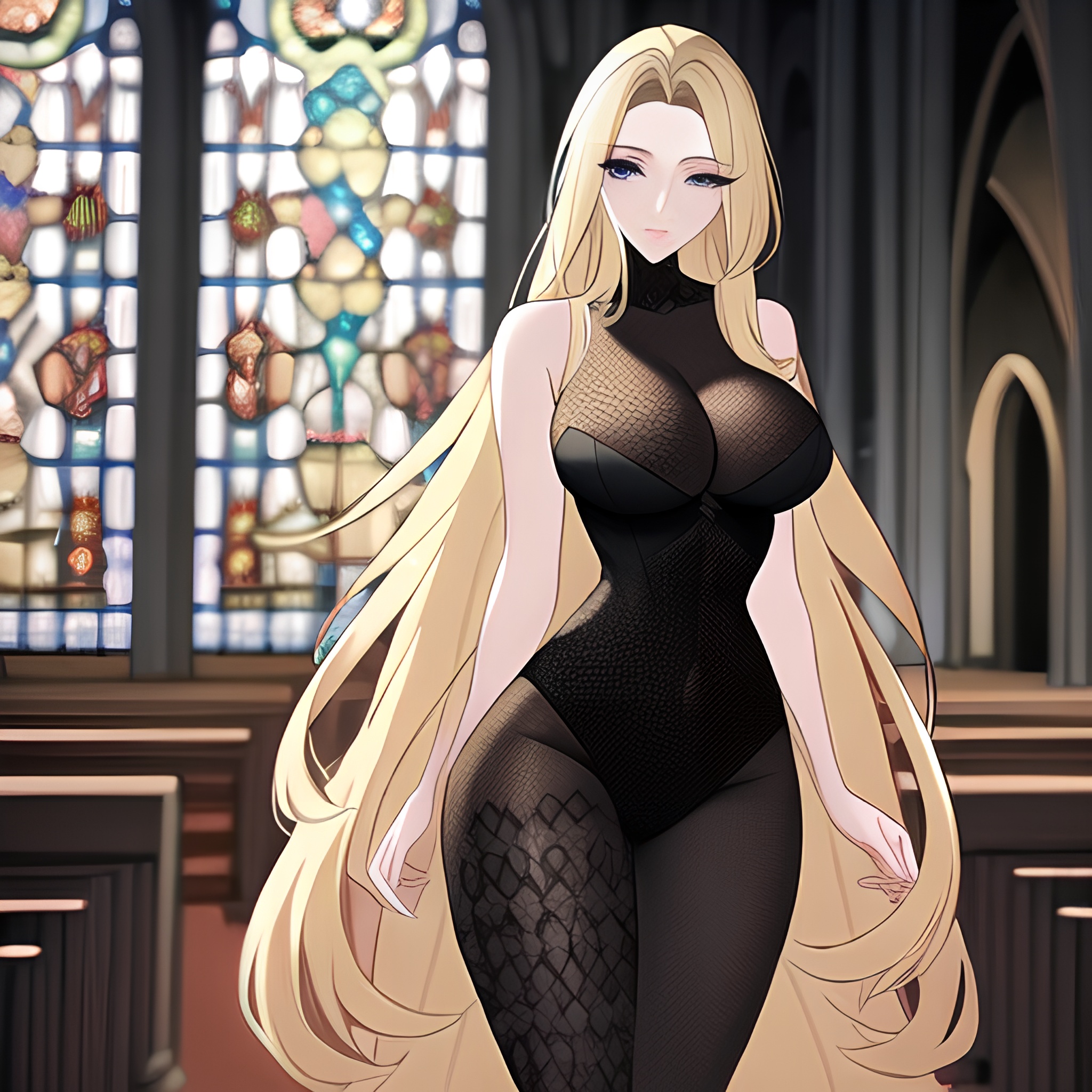 fishnet blonde church woman long hair 