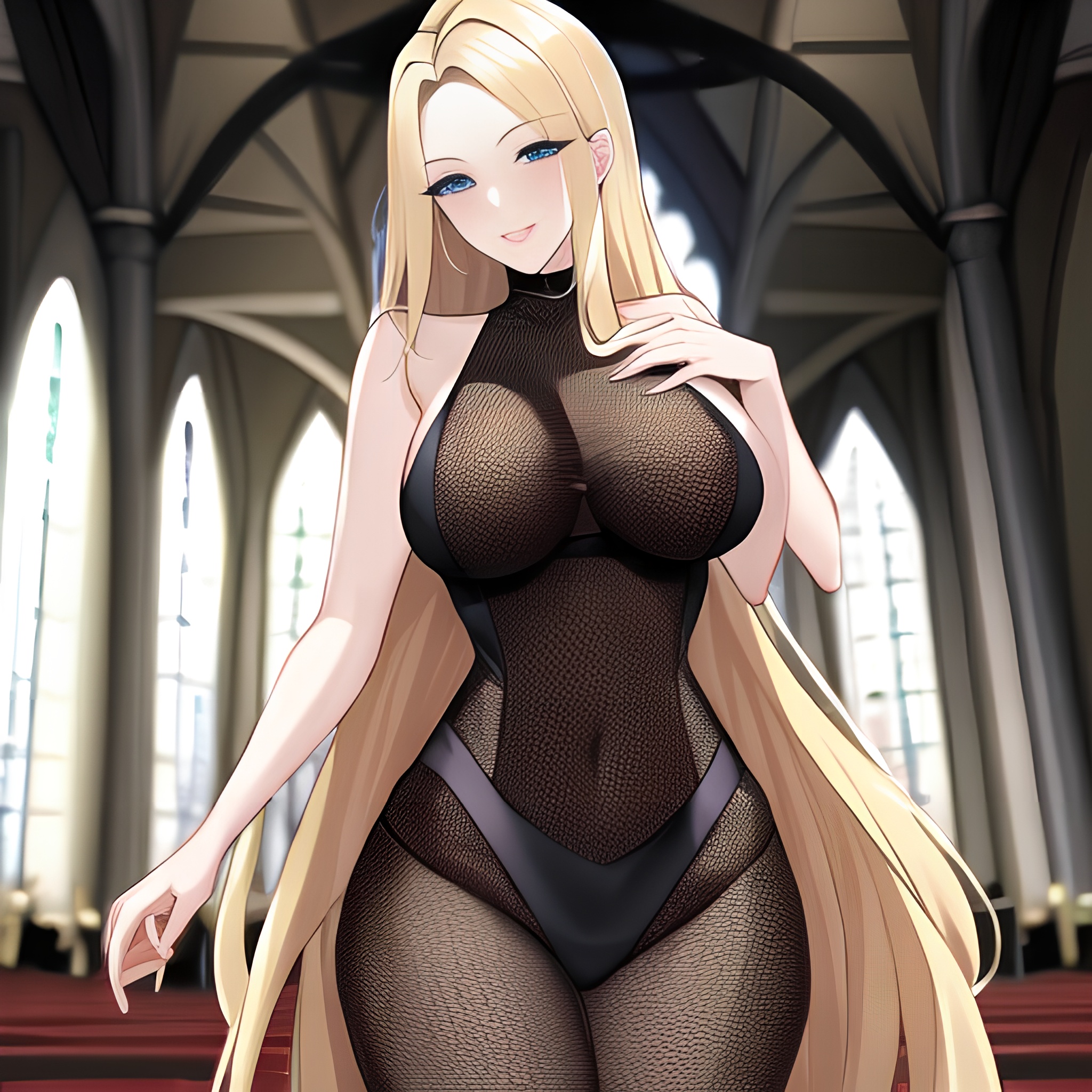 fishnet blonde church woman long hair