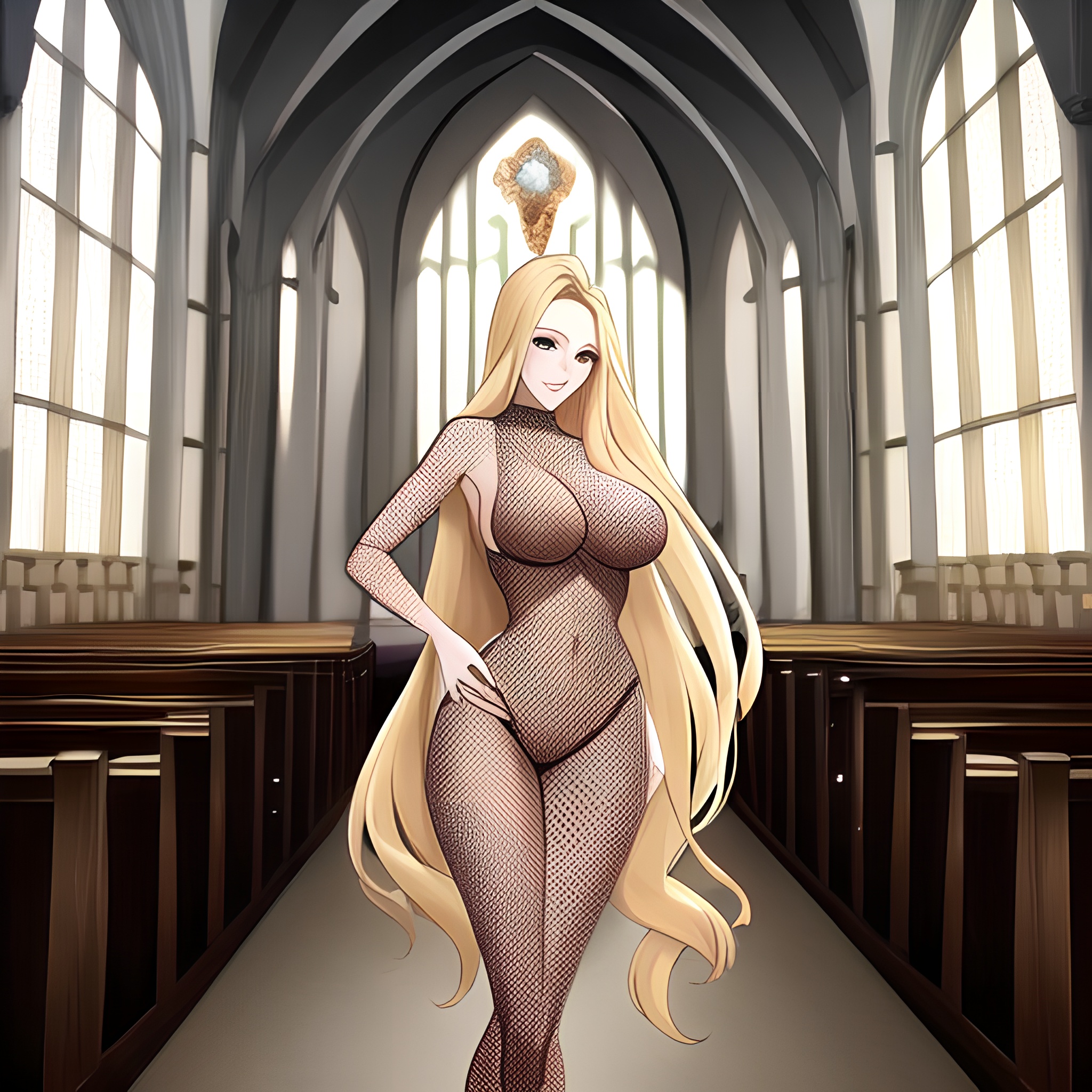 fishnet blonde church woman long hair