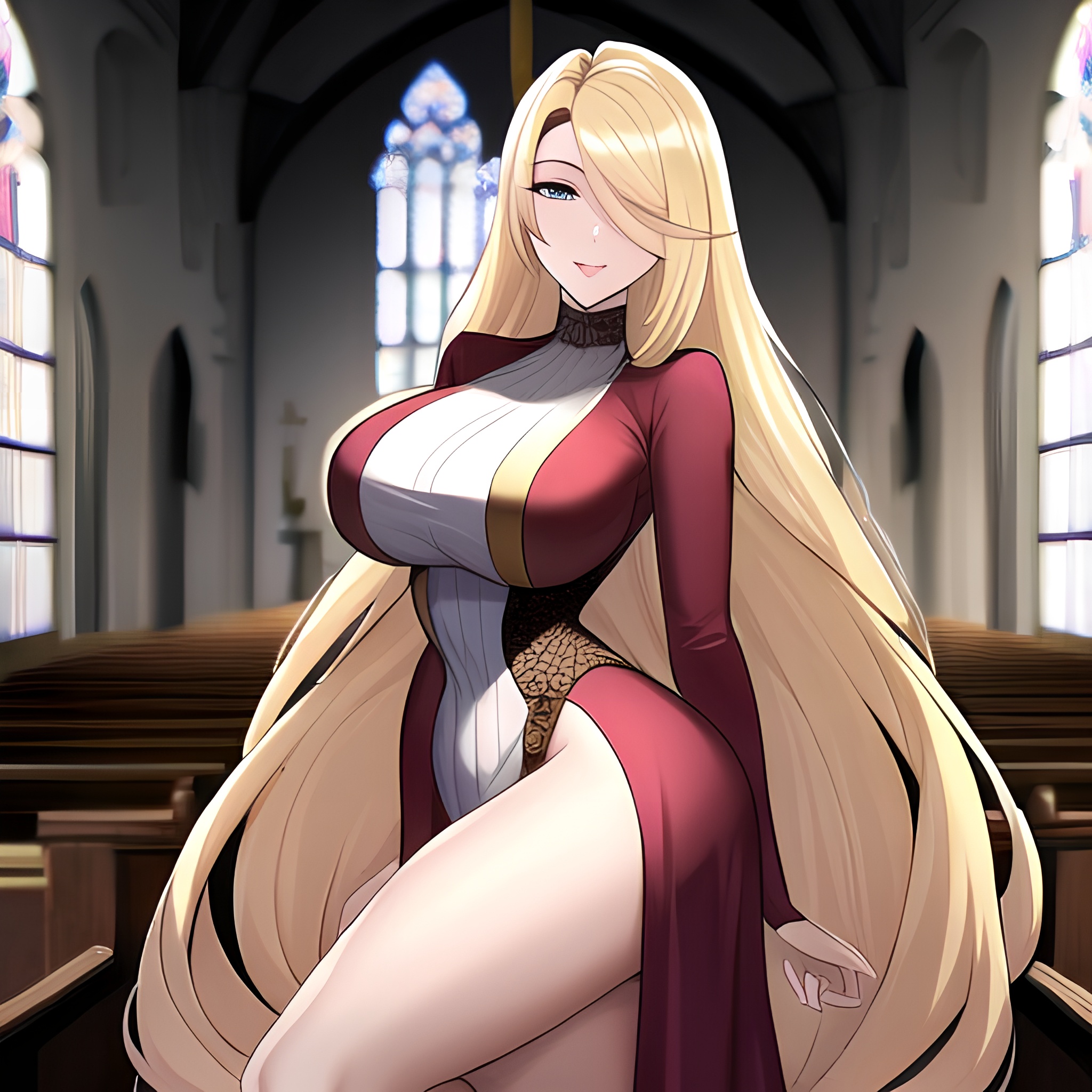 fishnet blonde church woman long hair 