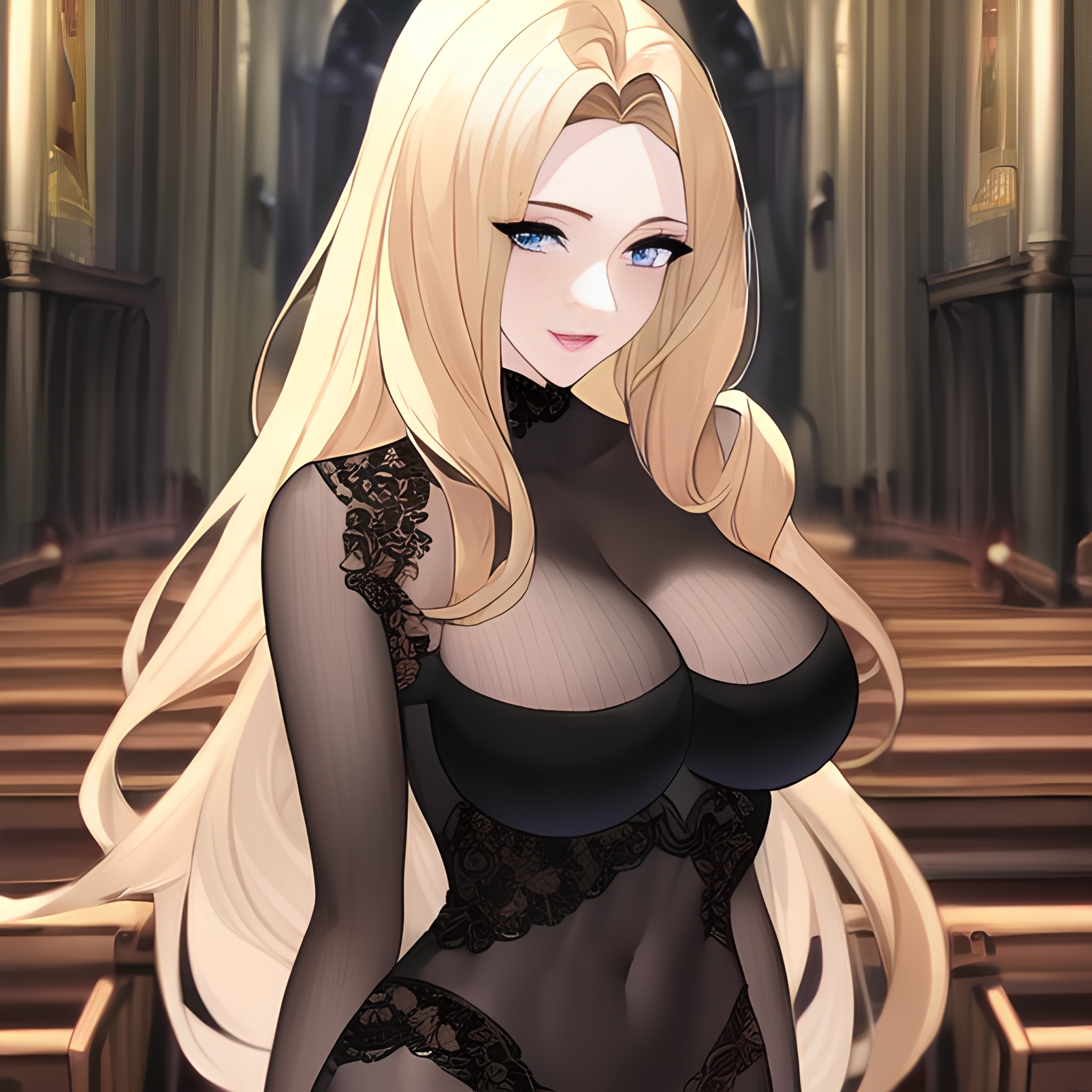 fishnet blonde front view nude church small boobs woman long hair 