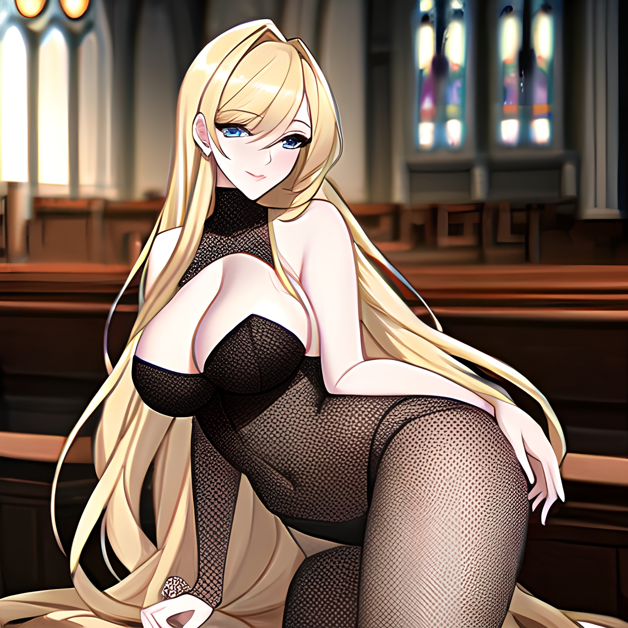 fishnet blonde long hair church woman 