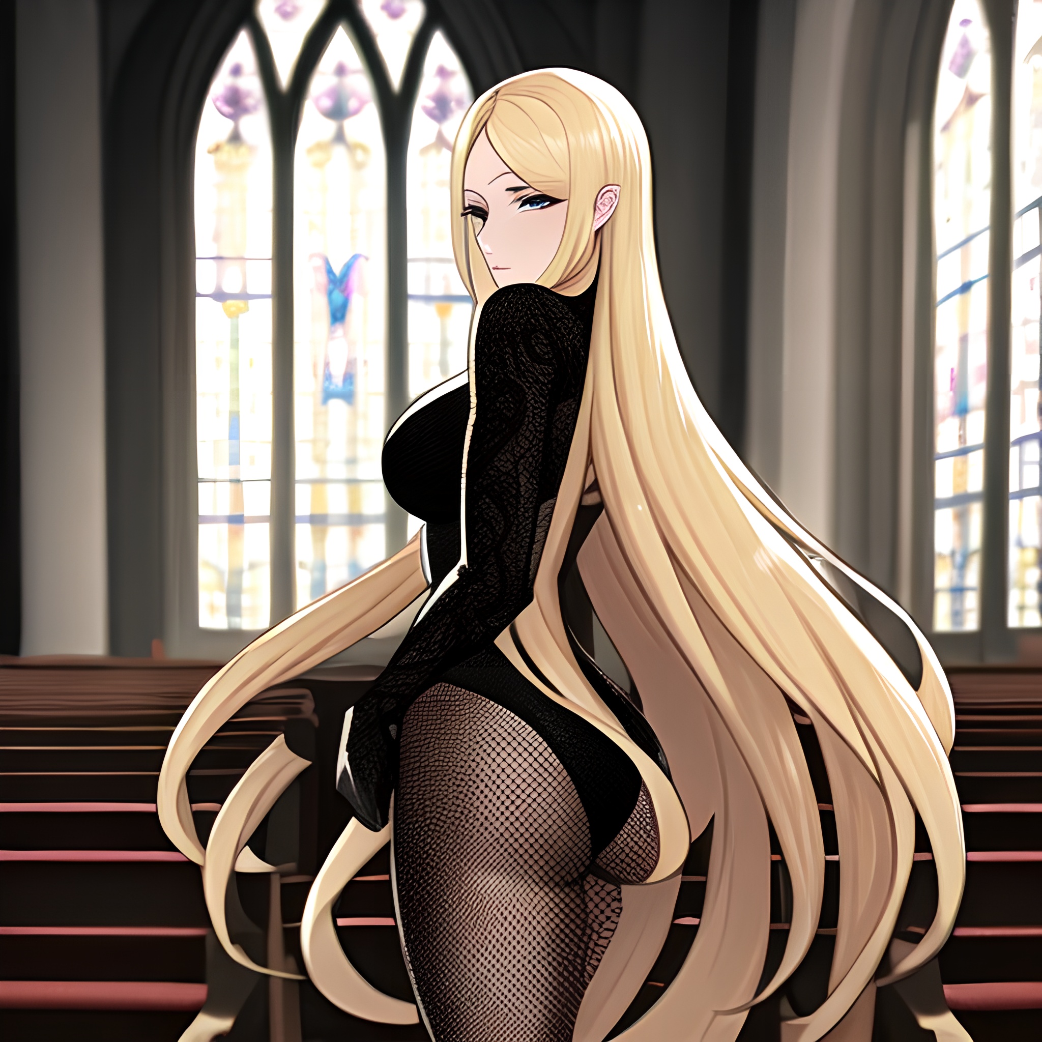 fishnet blonde long hair church woman