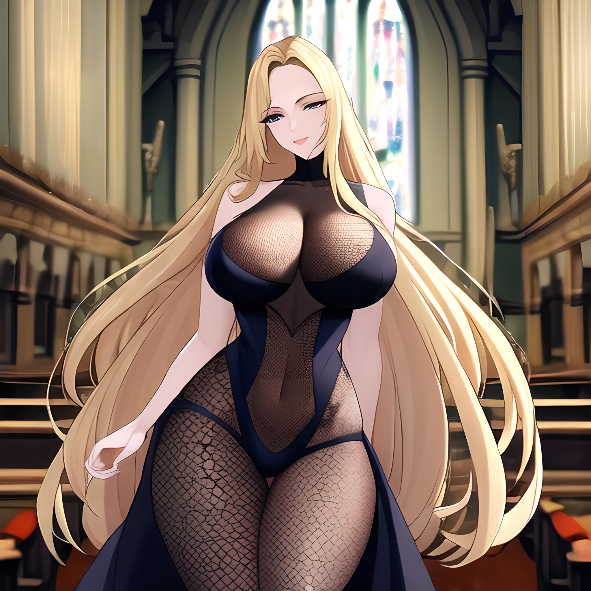 fishnet blonde long hair church woman 