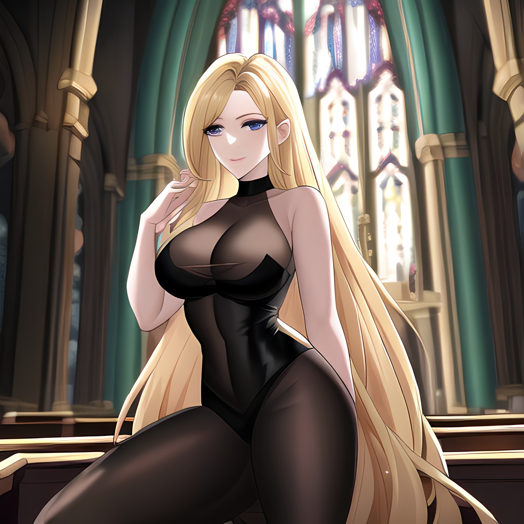 fishnet blonde long hair church woman 