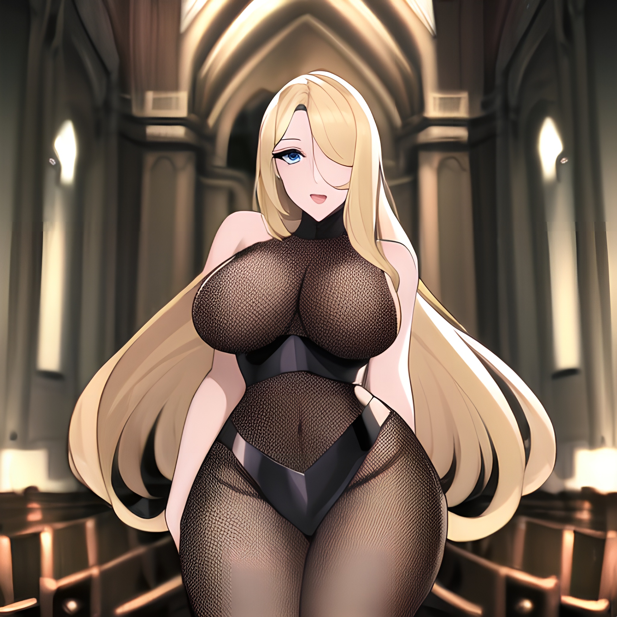 fishnet blonde long hair small boobs nude church front view woman 