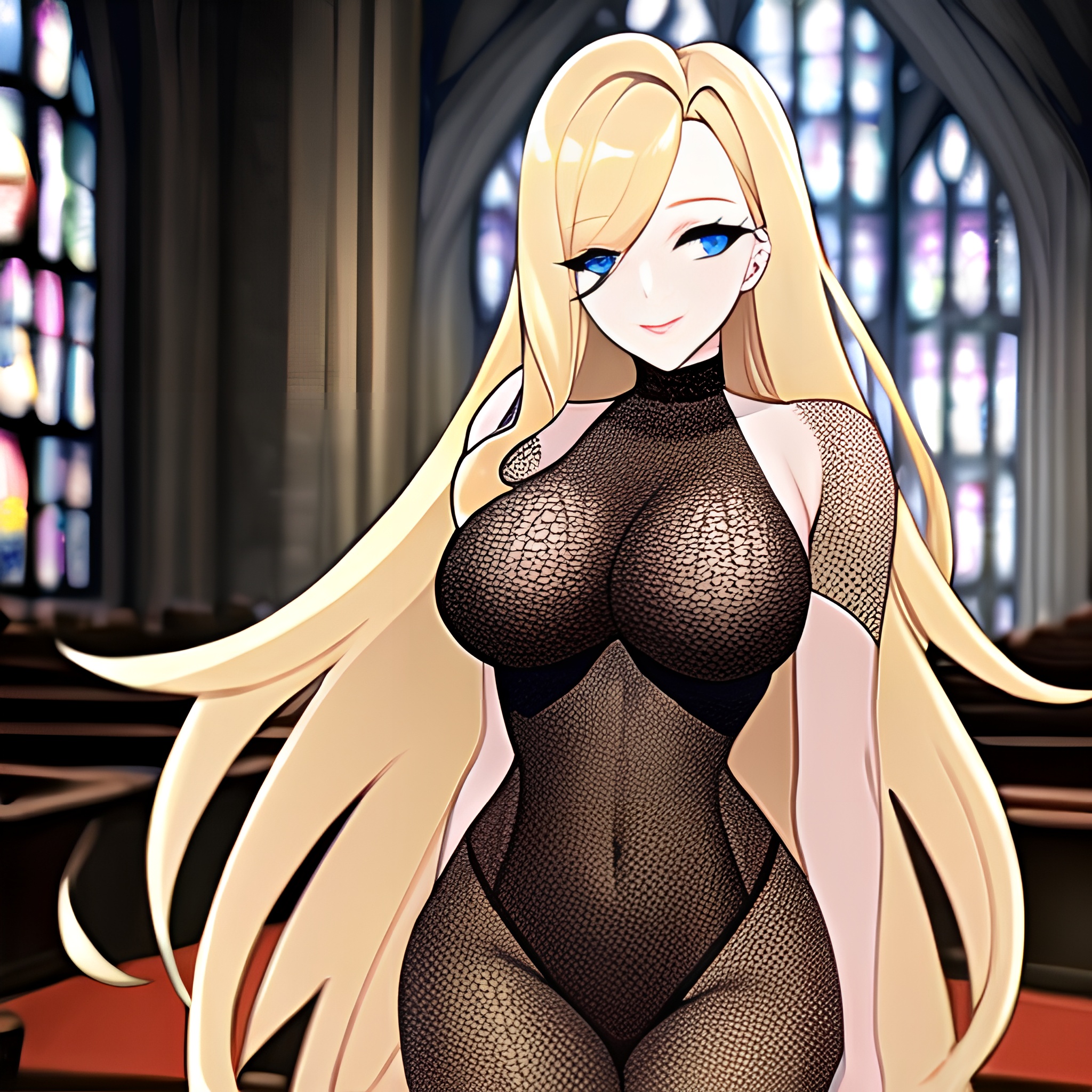 fishnet blonde long hair woman church 