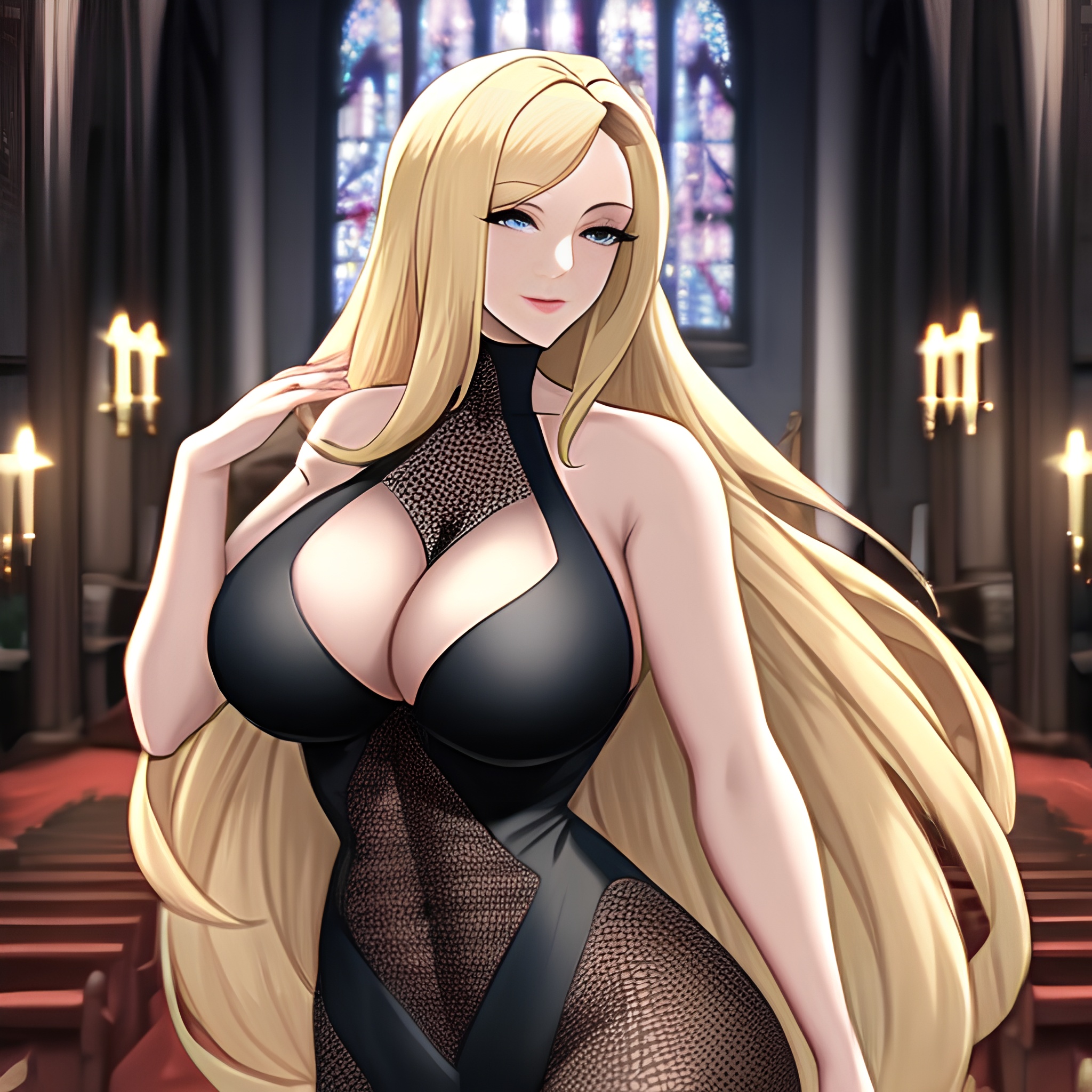fishnet blonde long hair woman church 
