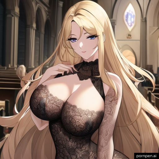 fishnet blonde nude church woman long hair small boobs front view 