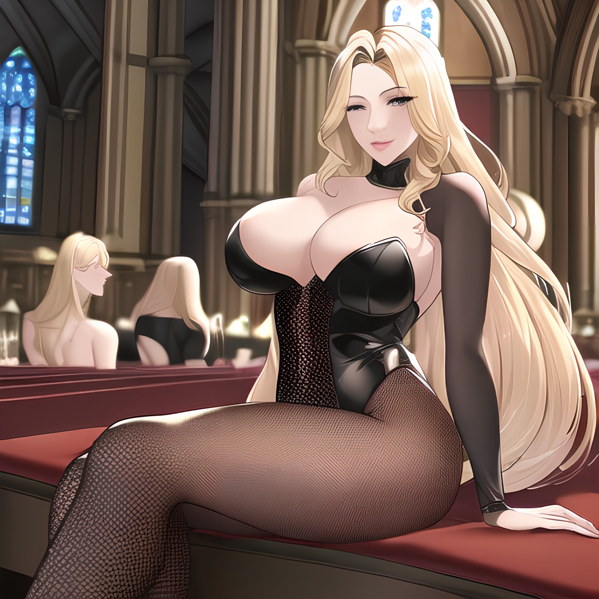 fishnet blonde nude long hair small boobs woman front view church 