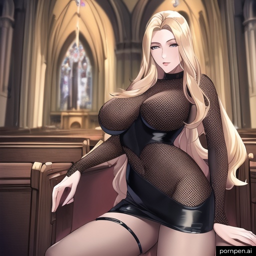 fishnet blonde small boobs woman nude front view church long hair 