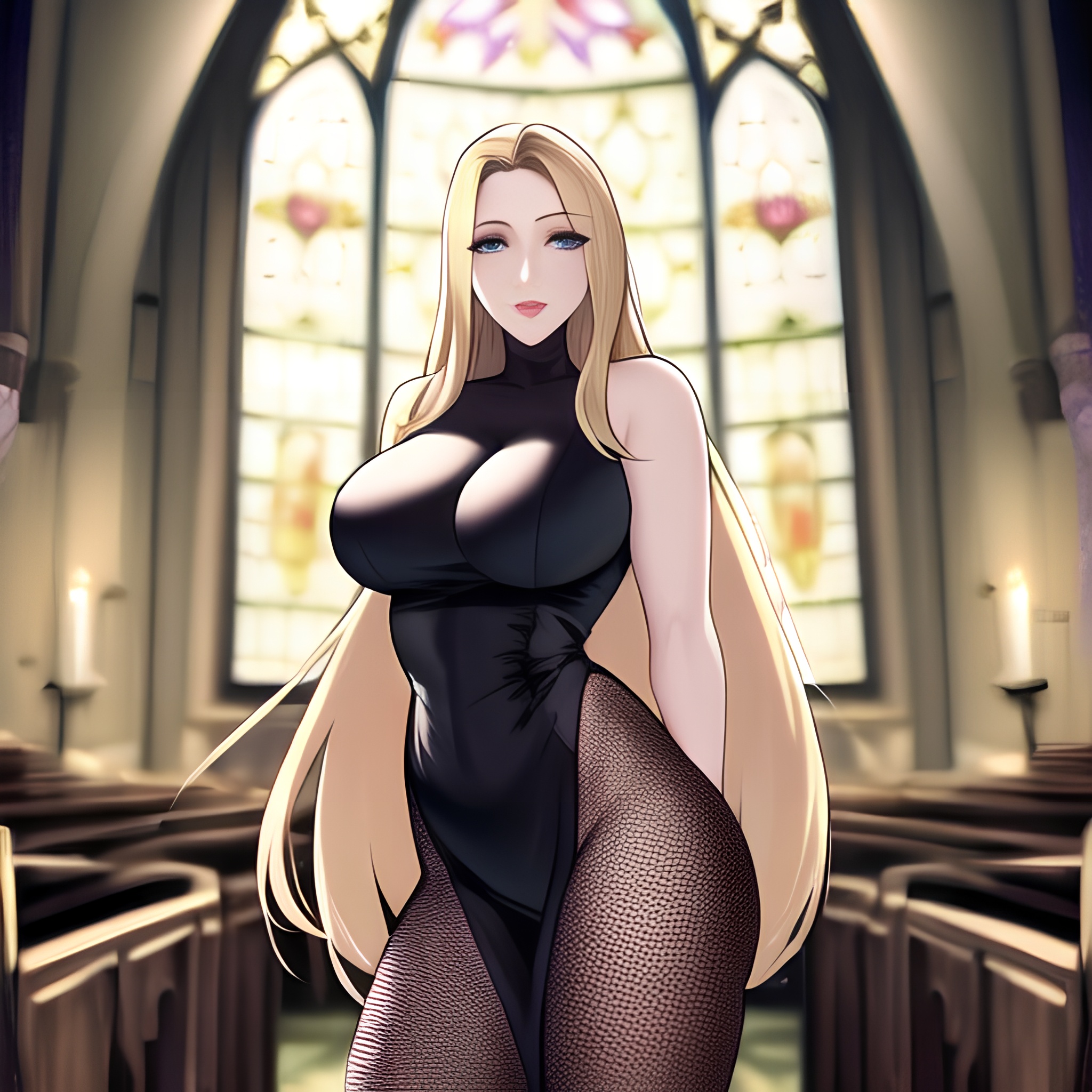 fishnet blonde woman church long hair 