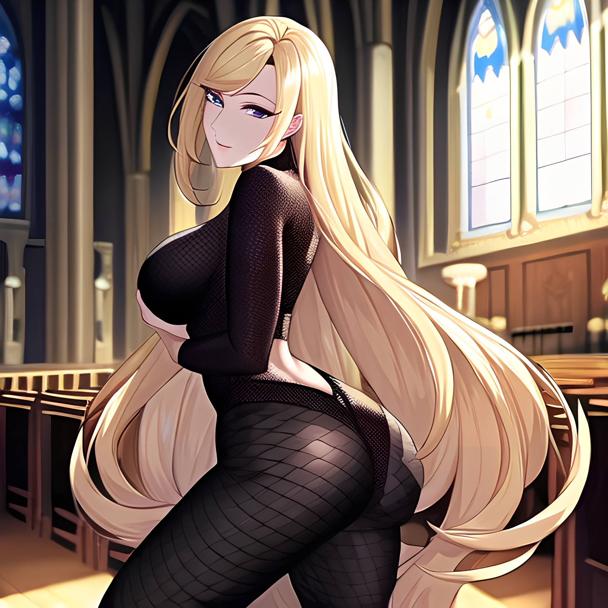 fishnet blonde woman church long hair 