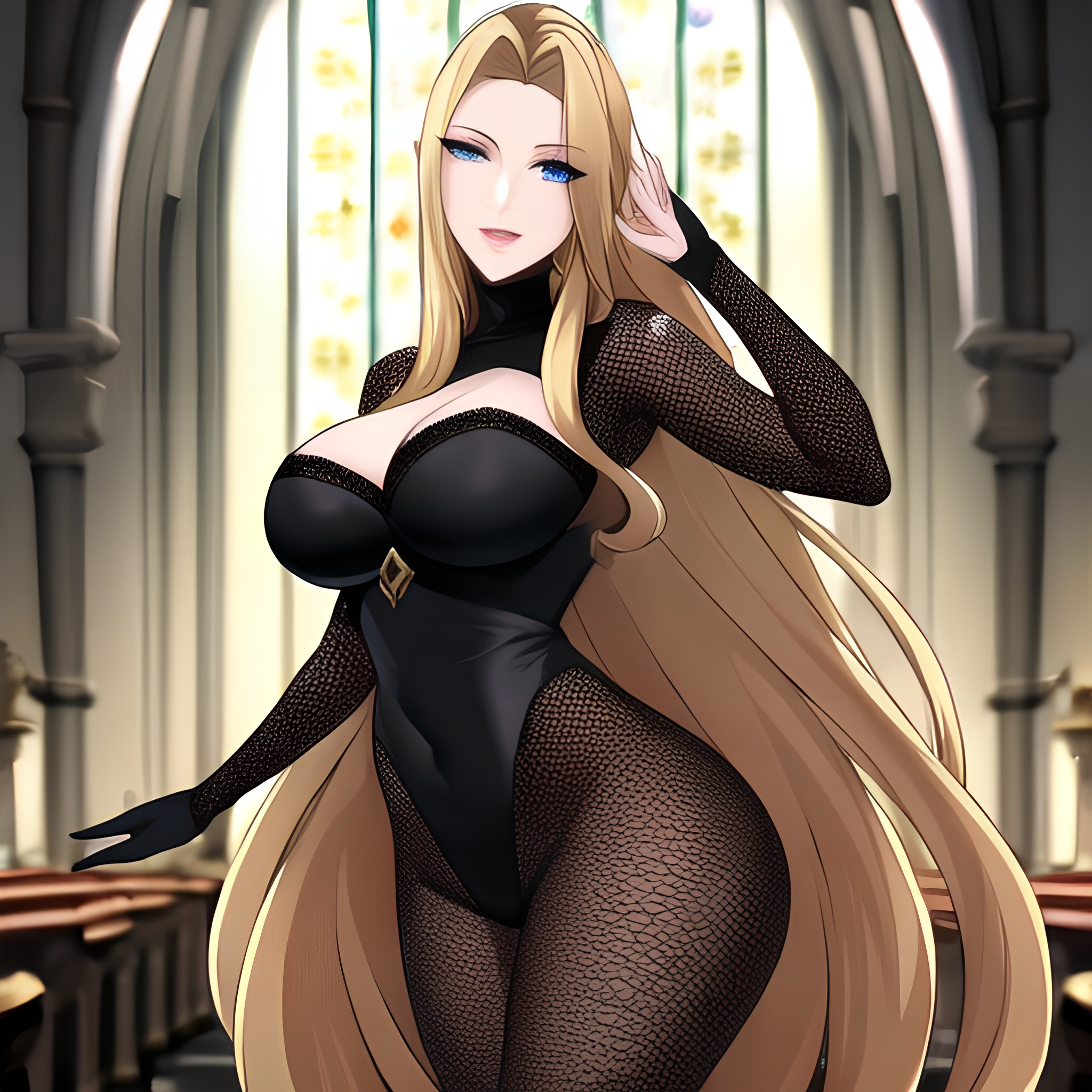 fishnet blonde woman long hair church