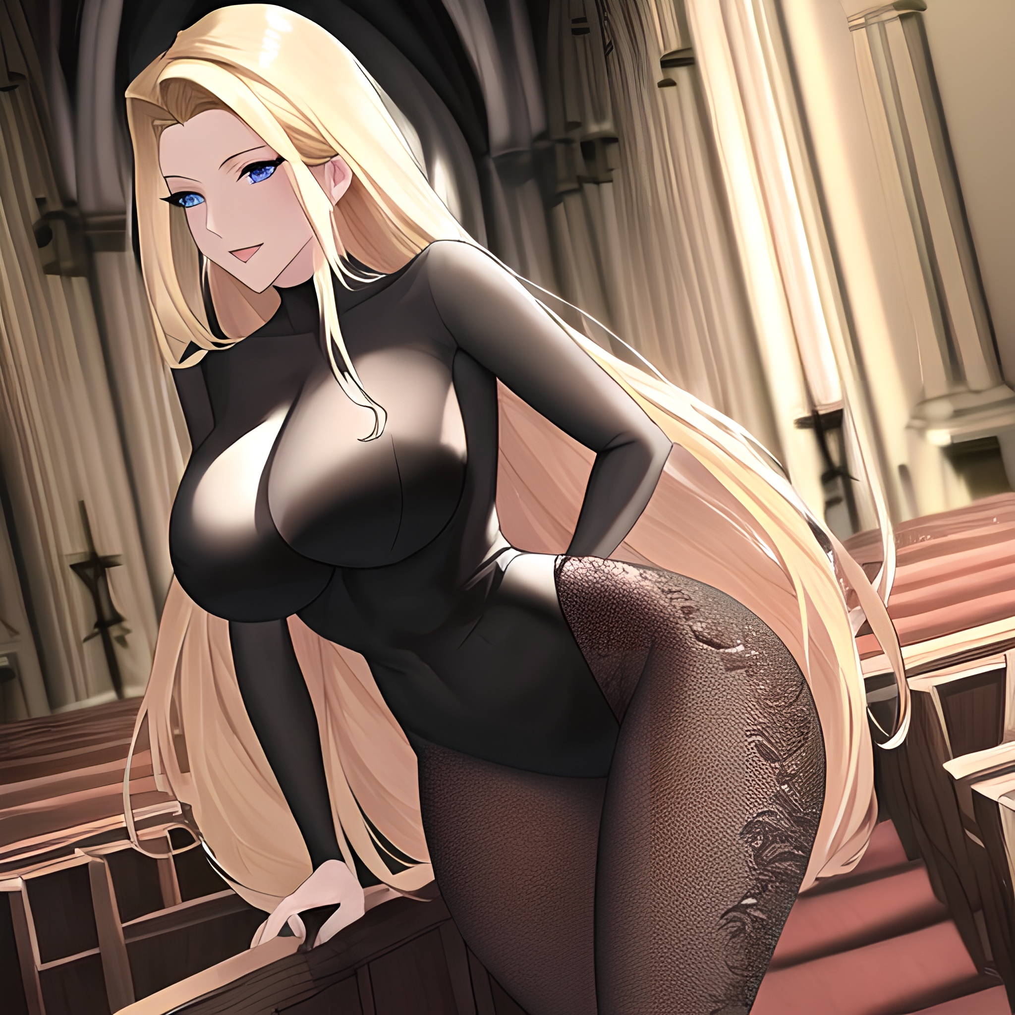 fishnet blonde woman long hair front view small boobs nude church 